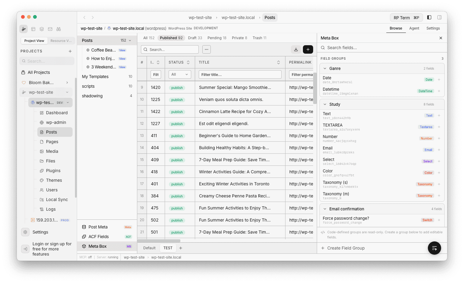 Meta Box panel showing field groups with Date, DateTime, Text, and other field types