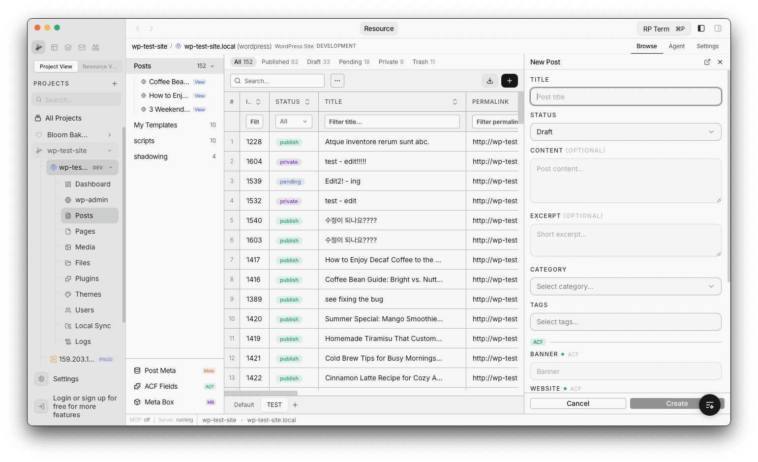 New Post panel with title, status, content, category, tags, and ACF fields