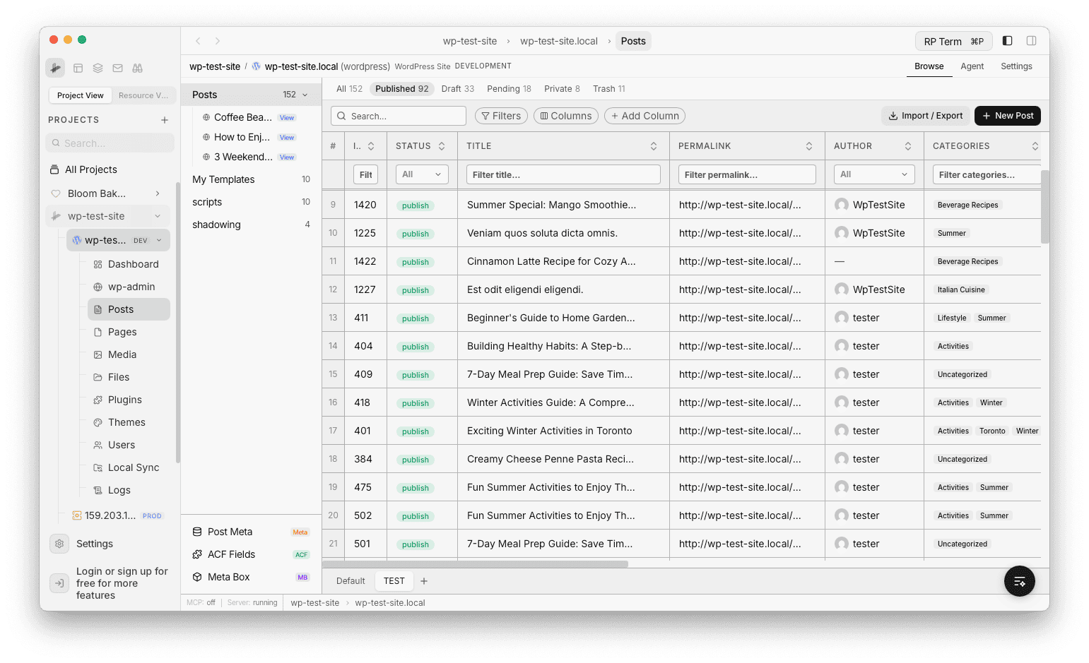 Posts table overview with status filters, columns, and toolbar