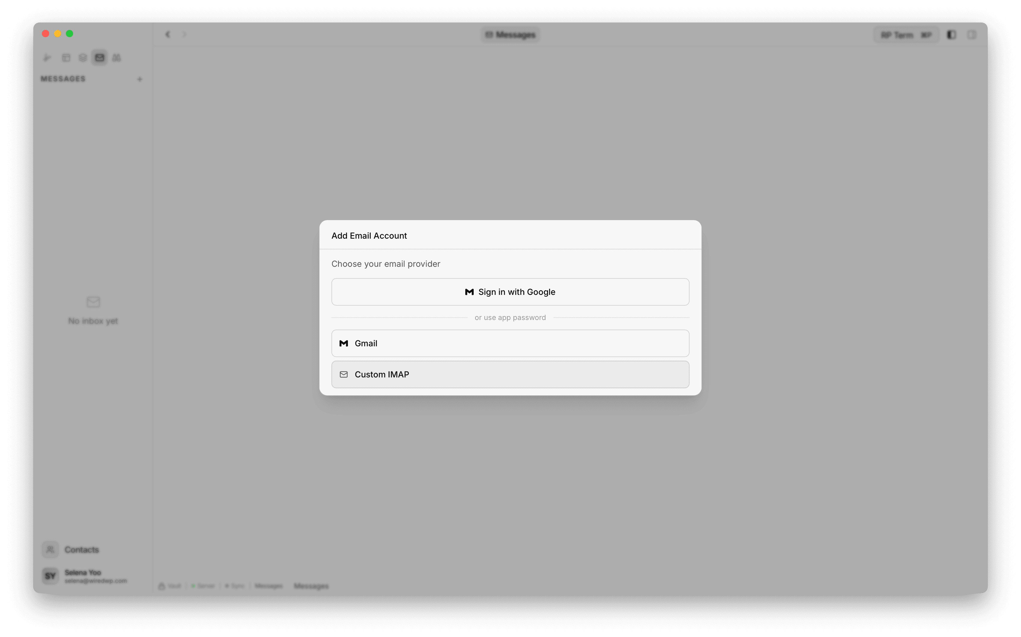 Add Email Account dialog showing Google sign-in, Gmail, and Custom IMAP options