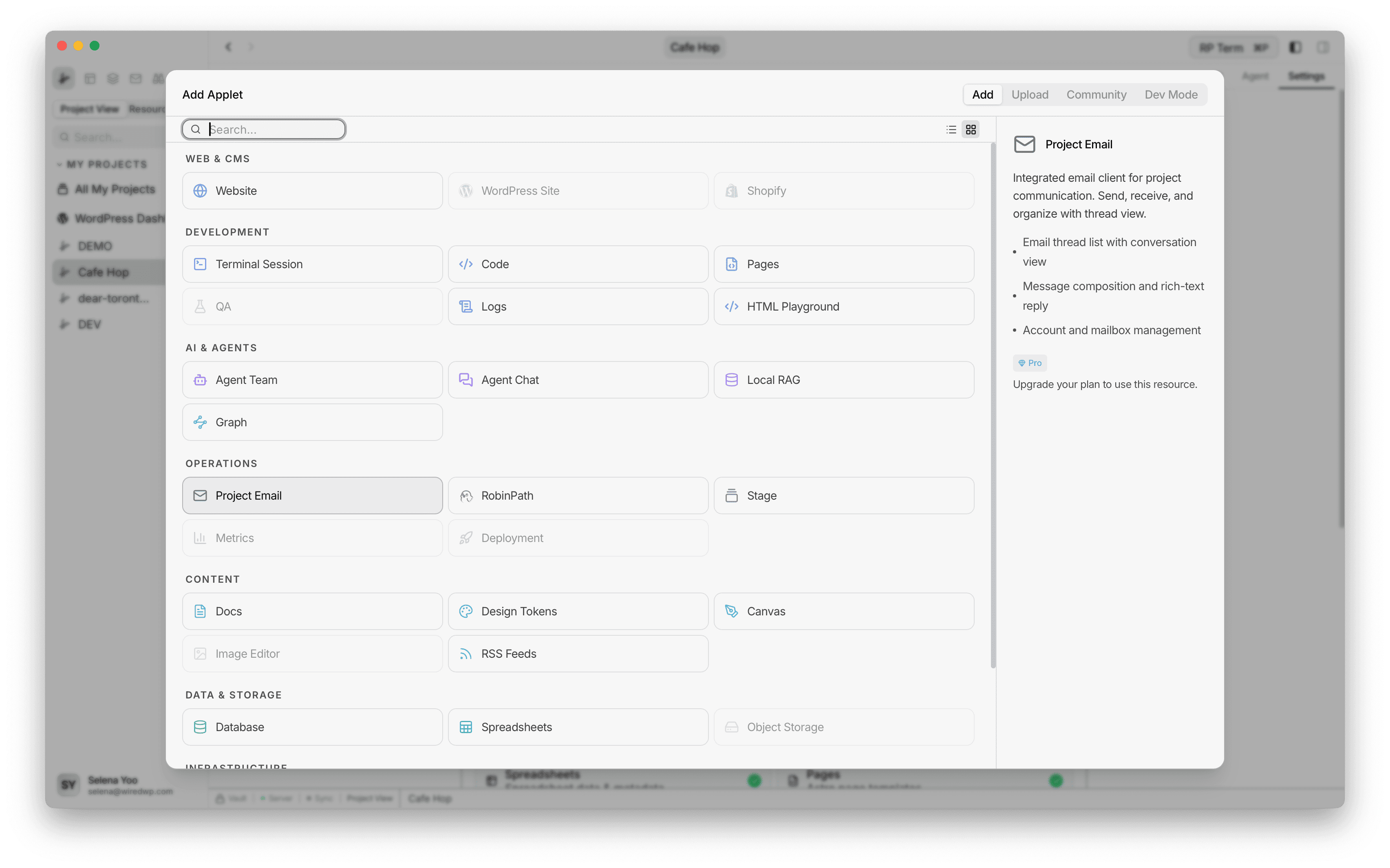 Add Applet dialog with Project Email selected in Operations
