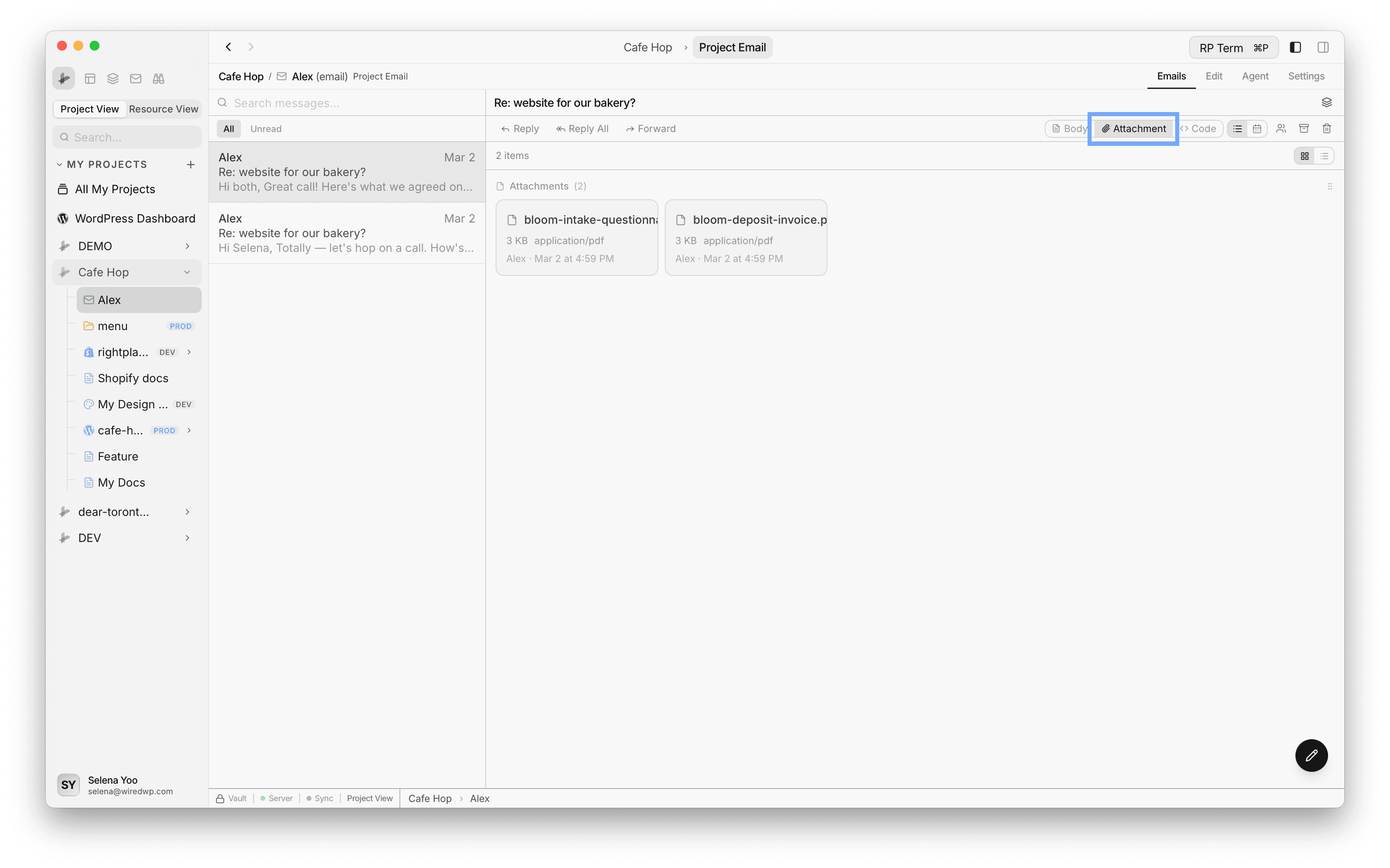Project Email attachment tab showing PDF attachments with file type and sender info