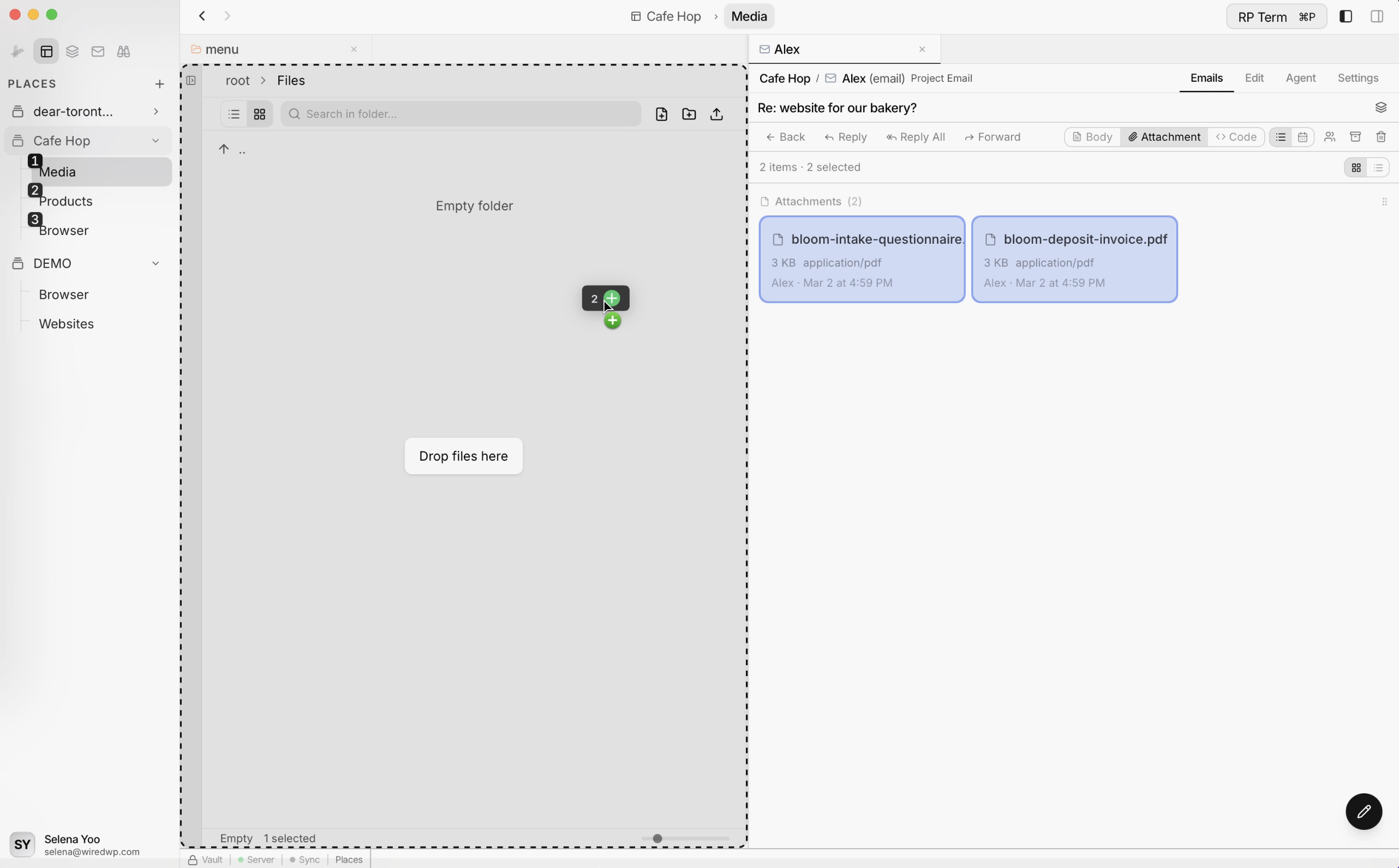 Dragging email attachments from the Attachment tab into a Files folder with a drop zone visible