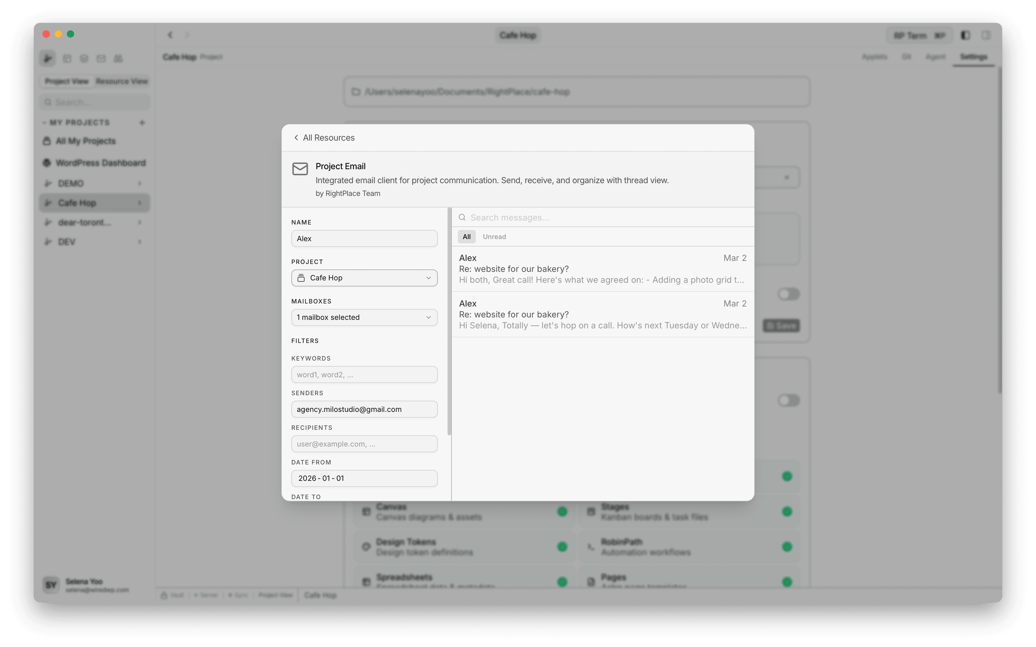 Project Email editor in Add Applet modal showing configuration form with matching threads previewed on the right