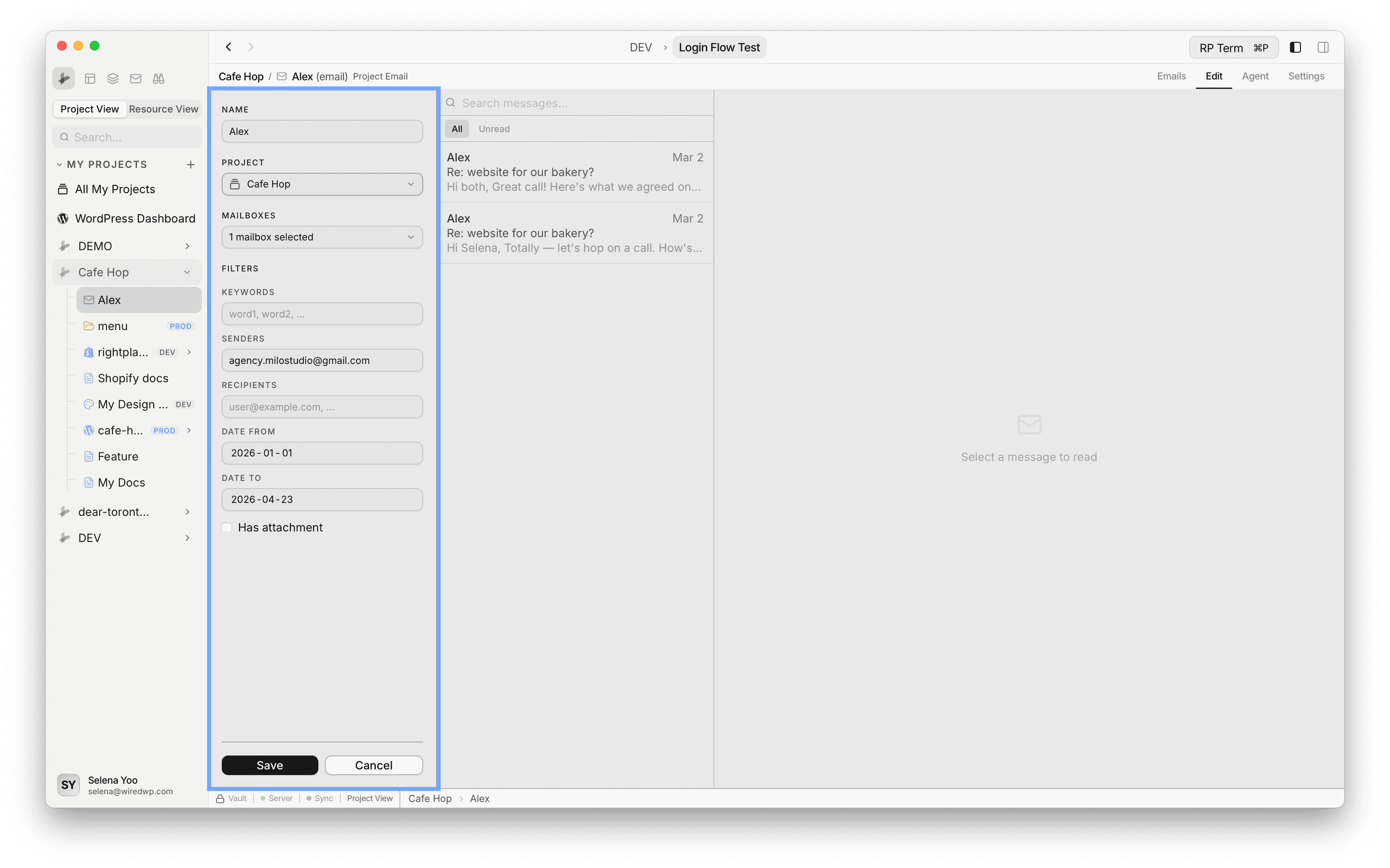 Project Email editor showing filter fields including name, project, mailboxes, senders, and date range on the left with preview threads on the right