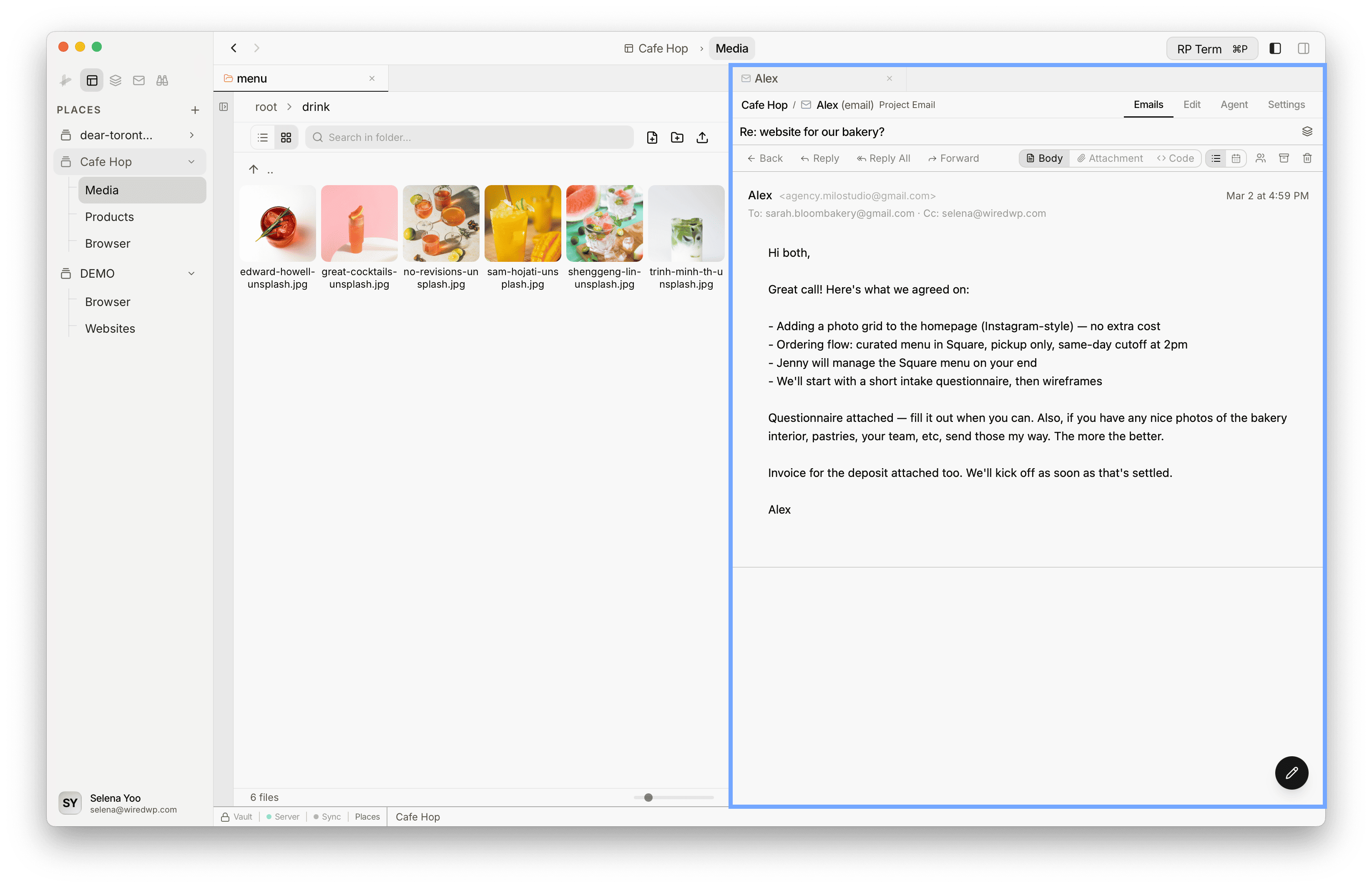 Files tab showing images dropped from email attachments into the project folder