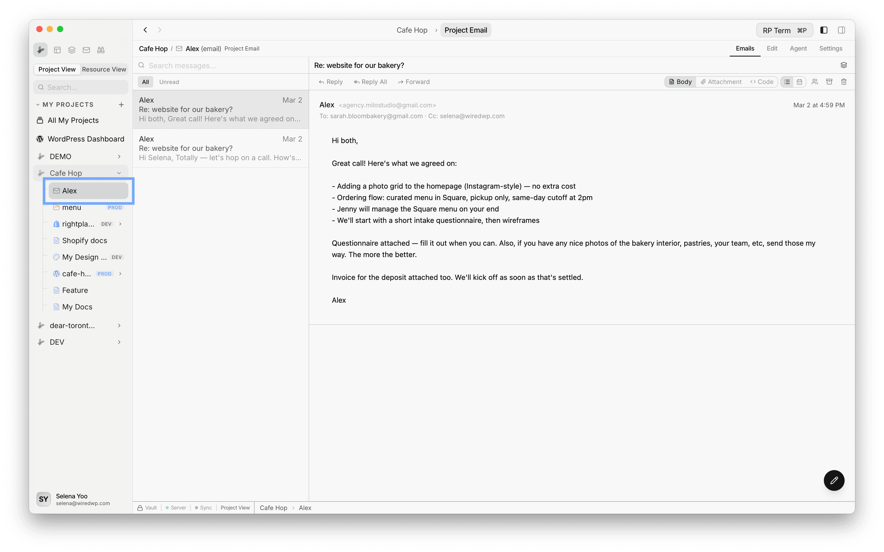 Project Email resource page with thread list on the left, message body on the right, and project sidebar showing the applet in context