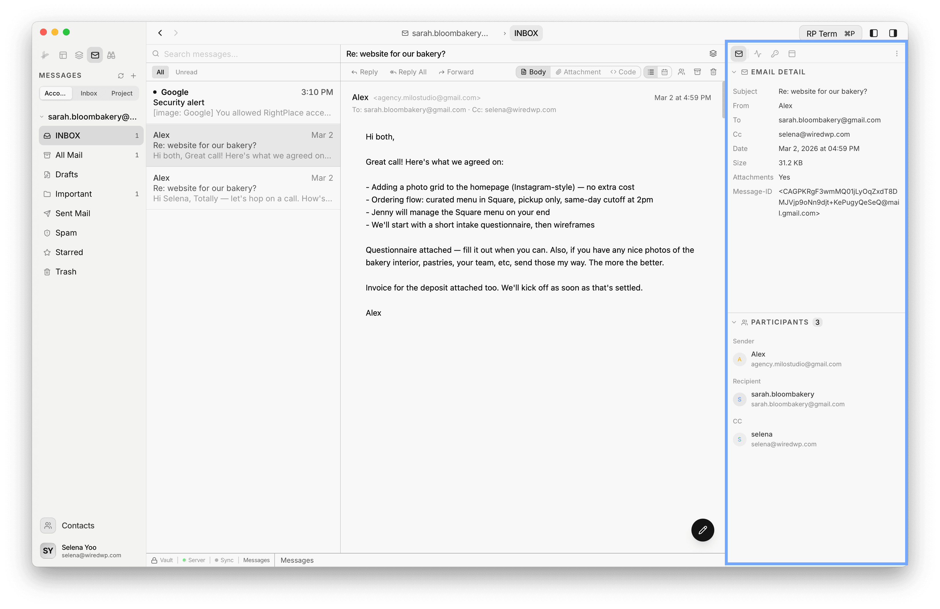 Project Email widget showing Email Detail and Participants sections with message metadata and contact info