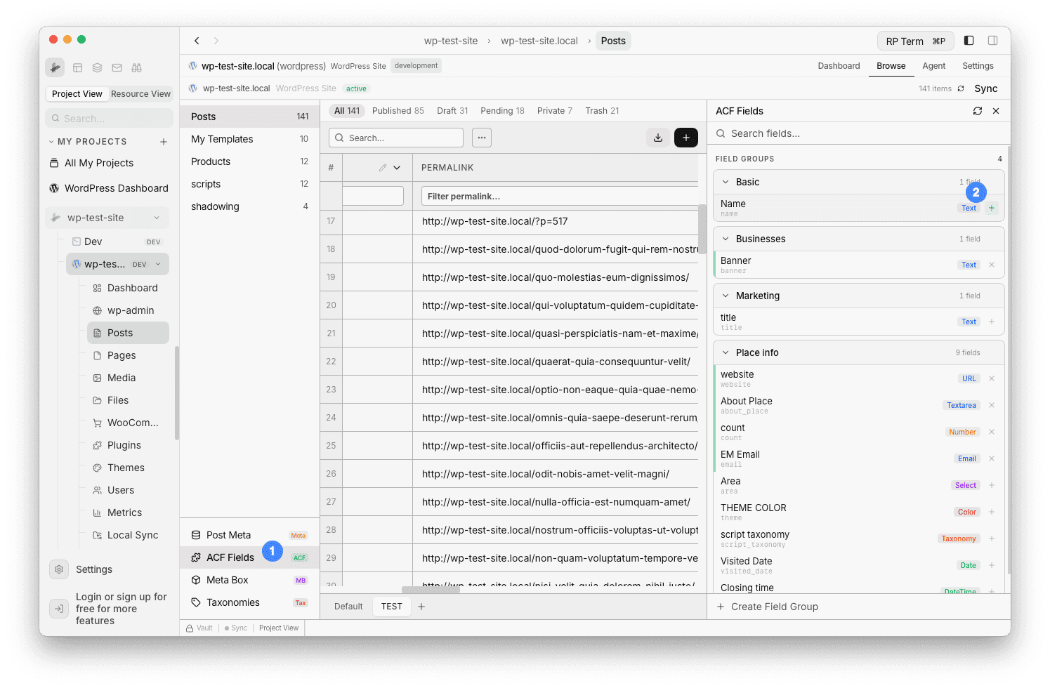 ACF Fields panel showing field groups with typed fields and a + button to add as column