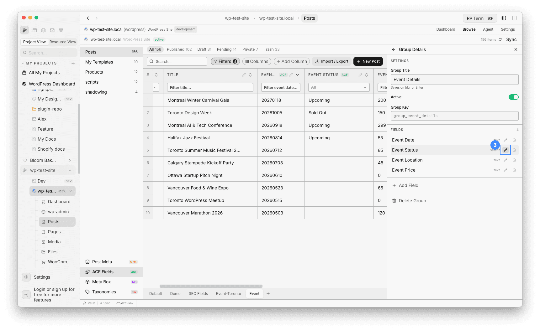 Group Details panel with pencil icon on Event Status field