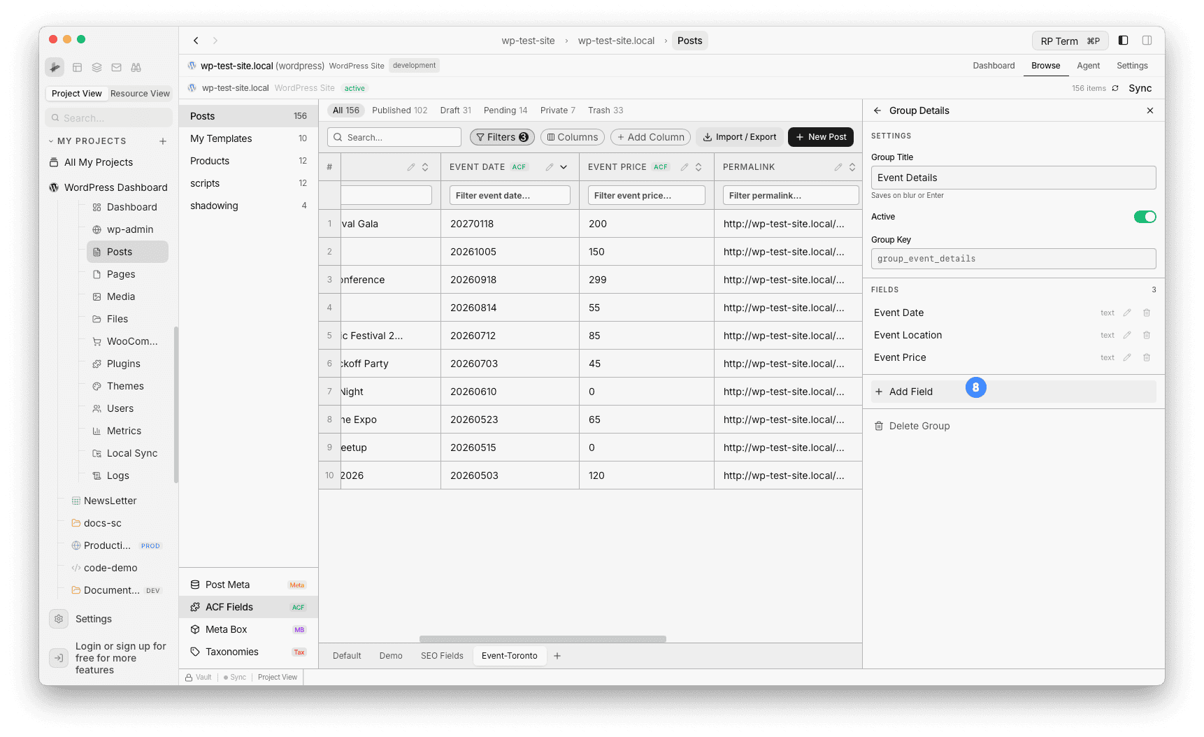 Group Details panel showing Event Details settings with 3 fields and + Add Field button