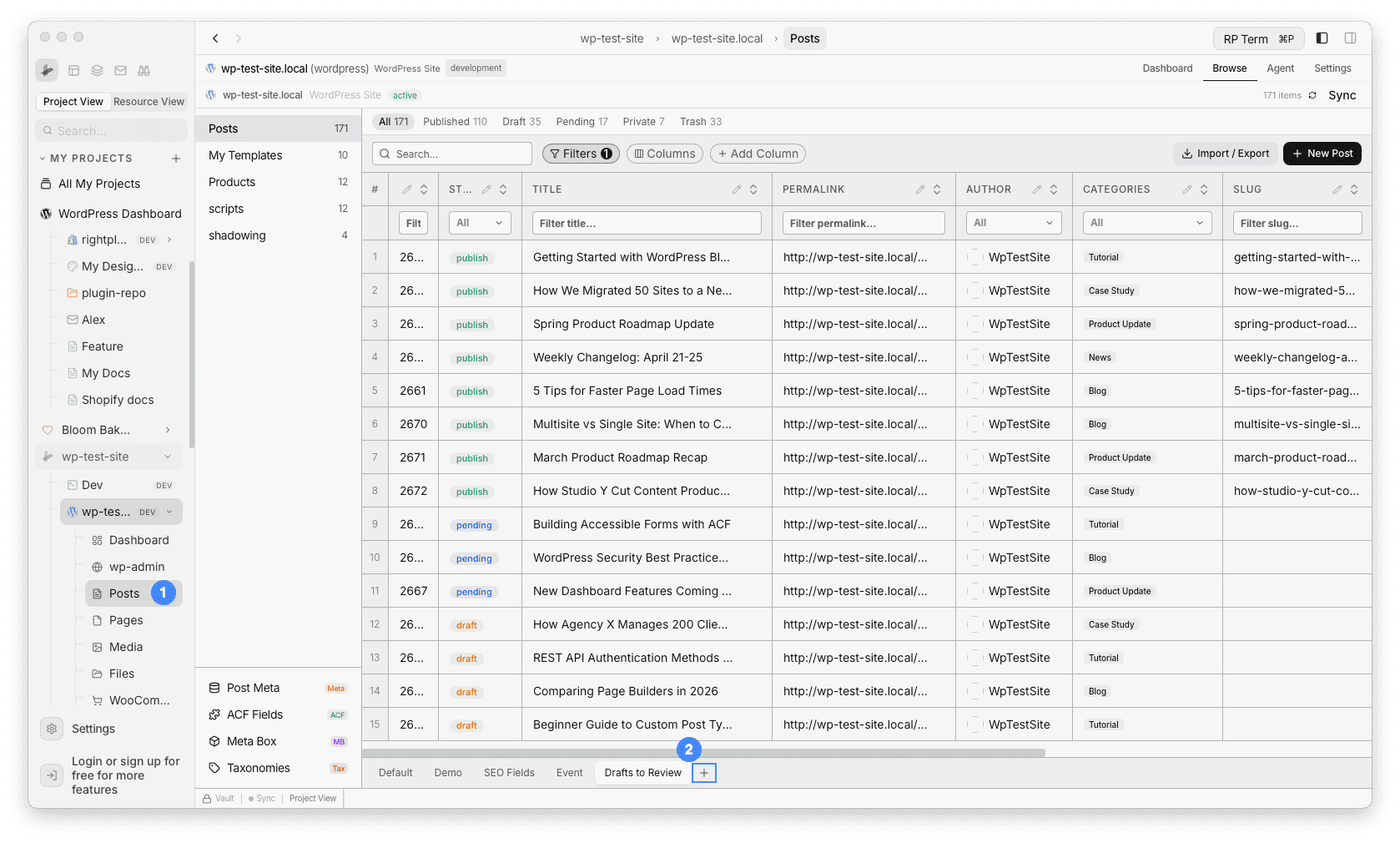 Posts tab with all posts and + button next to view tabs to create Drafts to Review view