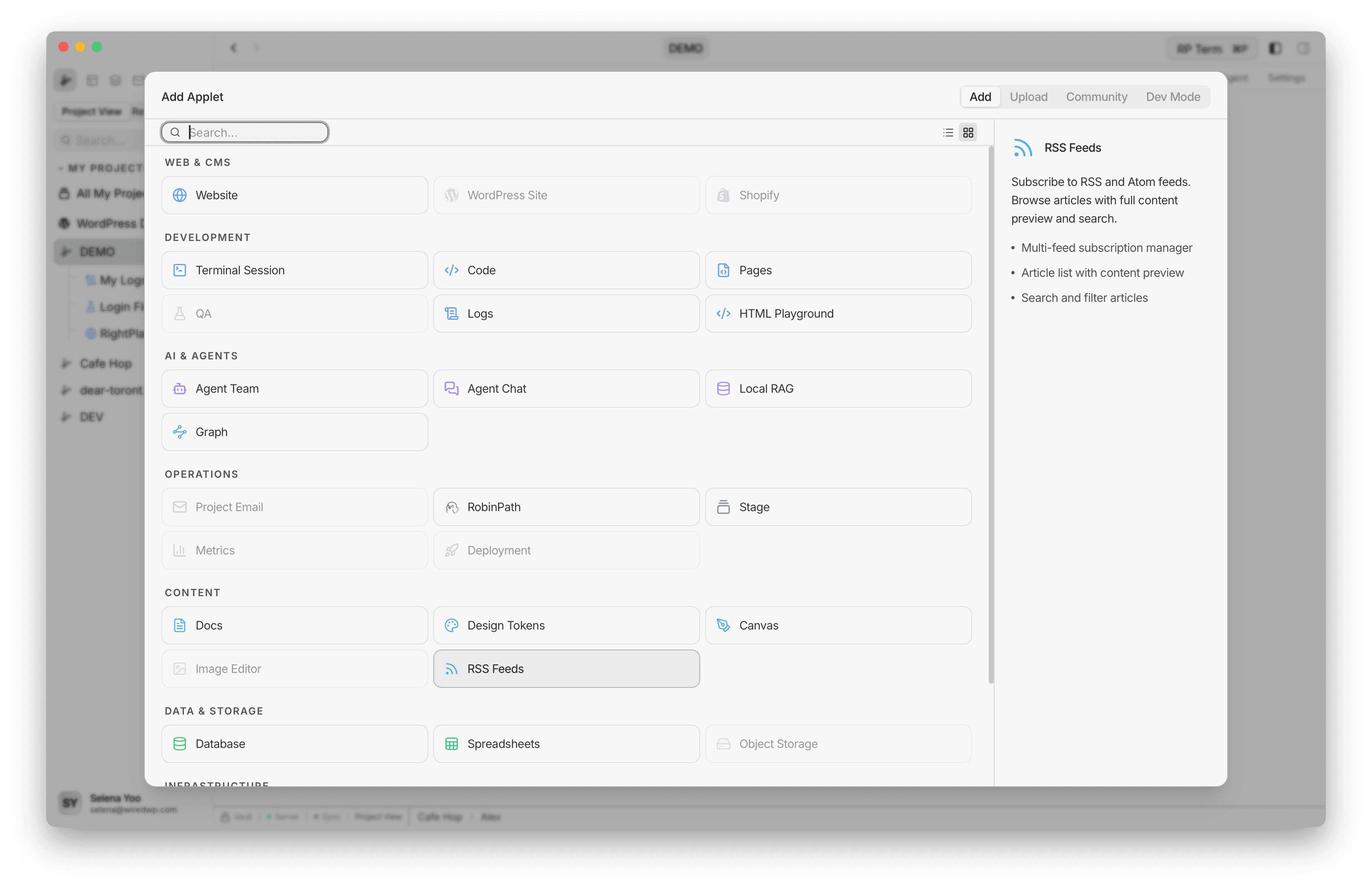 Add Applet dialog with RSS Feeds selected in Content