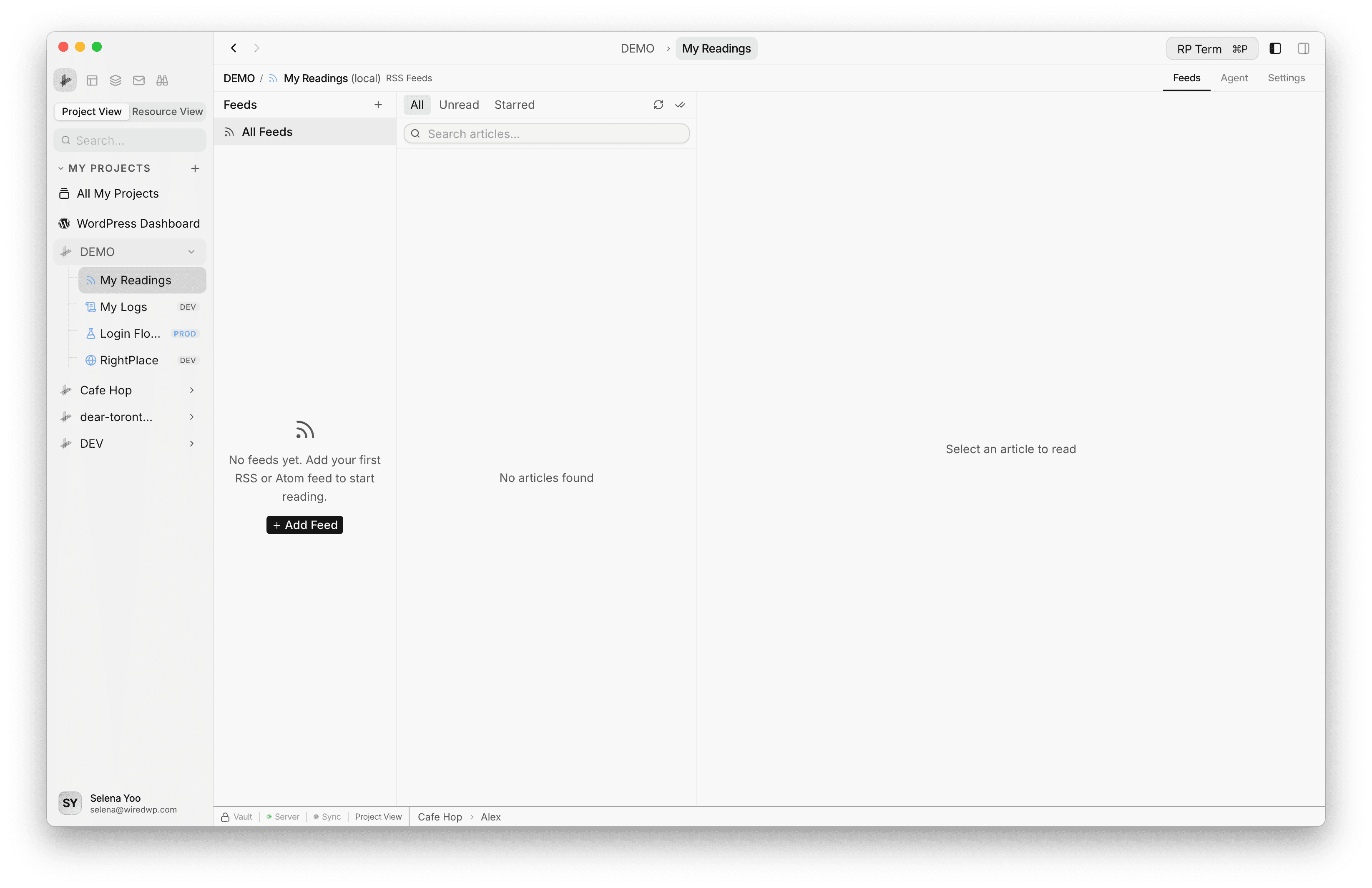 RSS Feeds empty state with Add Feed button and three-column layout