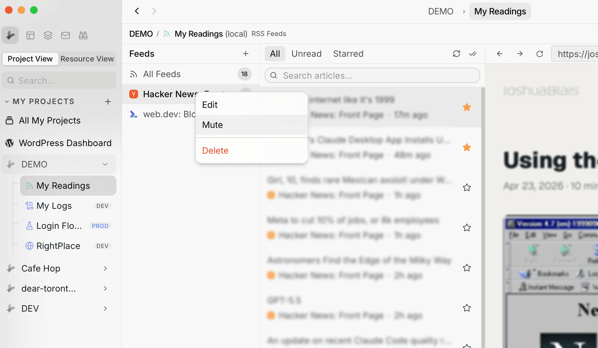 Feed context menu showing Edit, Mute, and Delete options on a selected feed