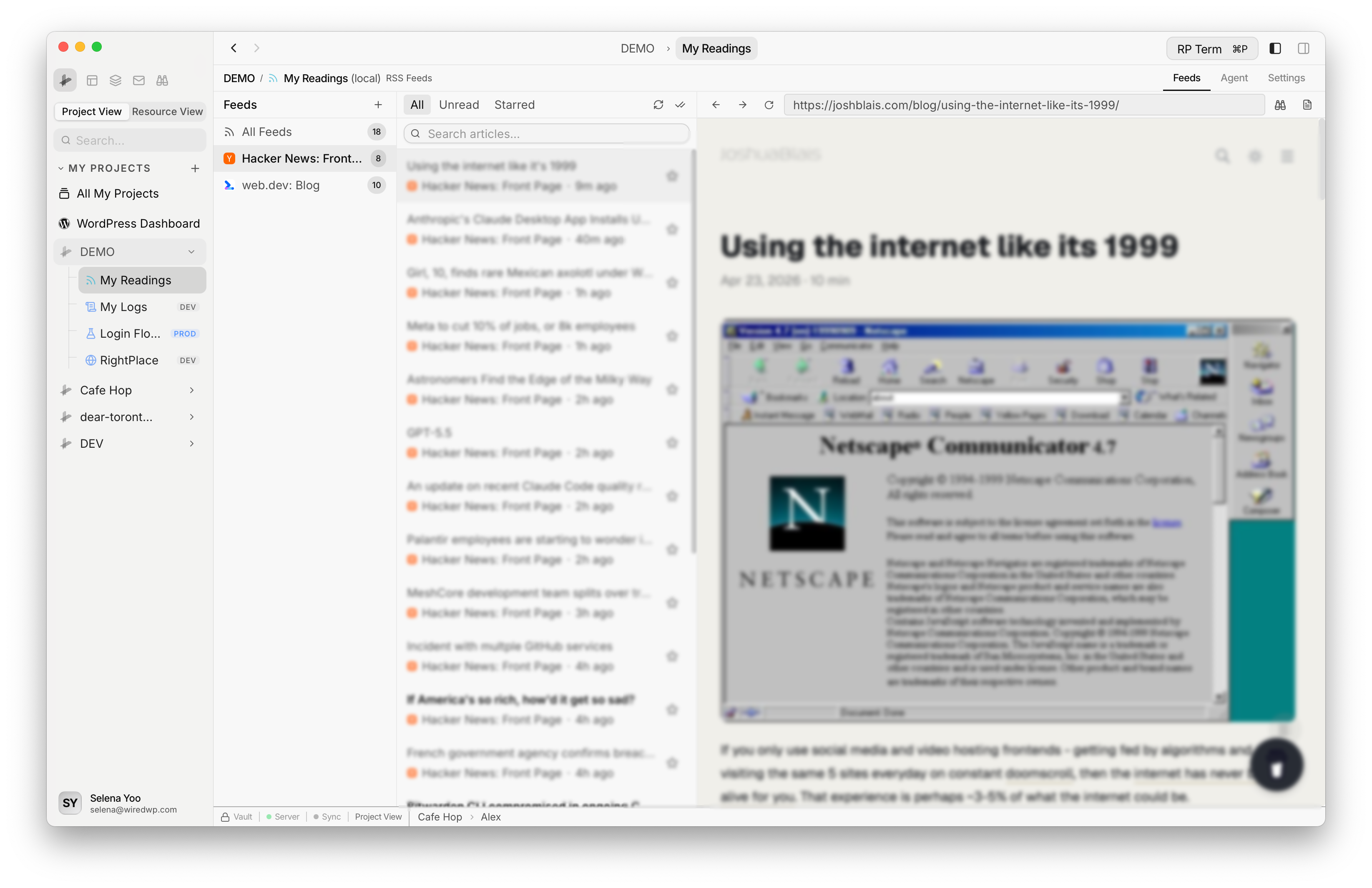 RSS Feeds three-column layout with feed sidebar, article list, and reading pane showing web view