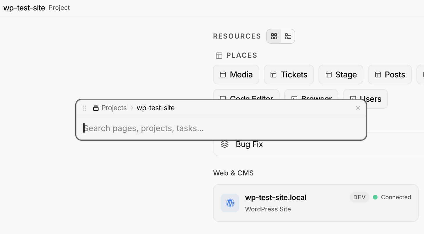 Quick Navigation panel showing the search input with project breadcrumb and placeholder text