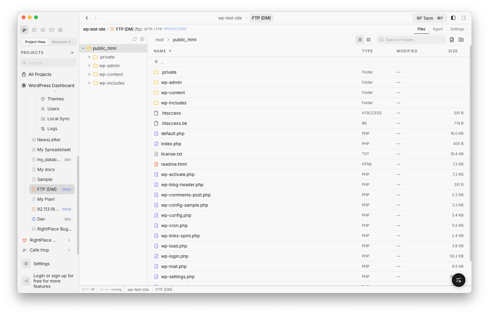 File browser showing the folder tree on the left with public_html expanded, and the file table on the right listing WordPress files with their type, modified date, and size