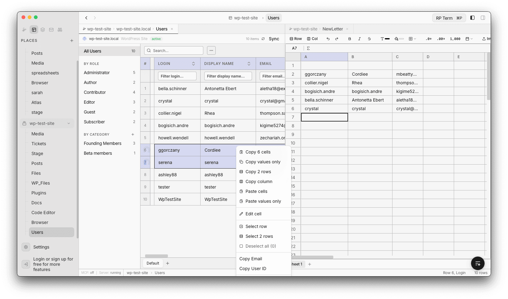 Context menu showing copy, paste, edit, select, and freeze options after copying data from another applet