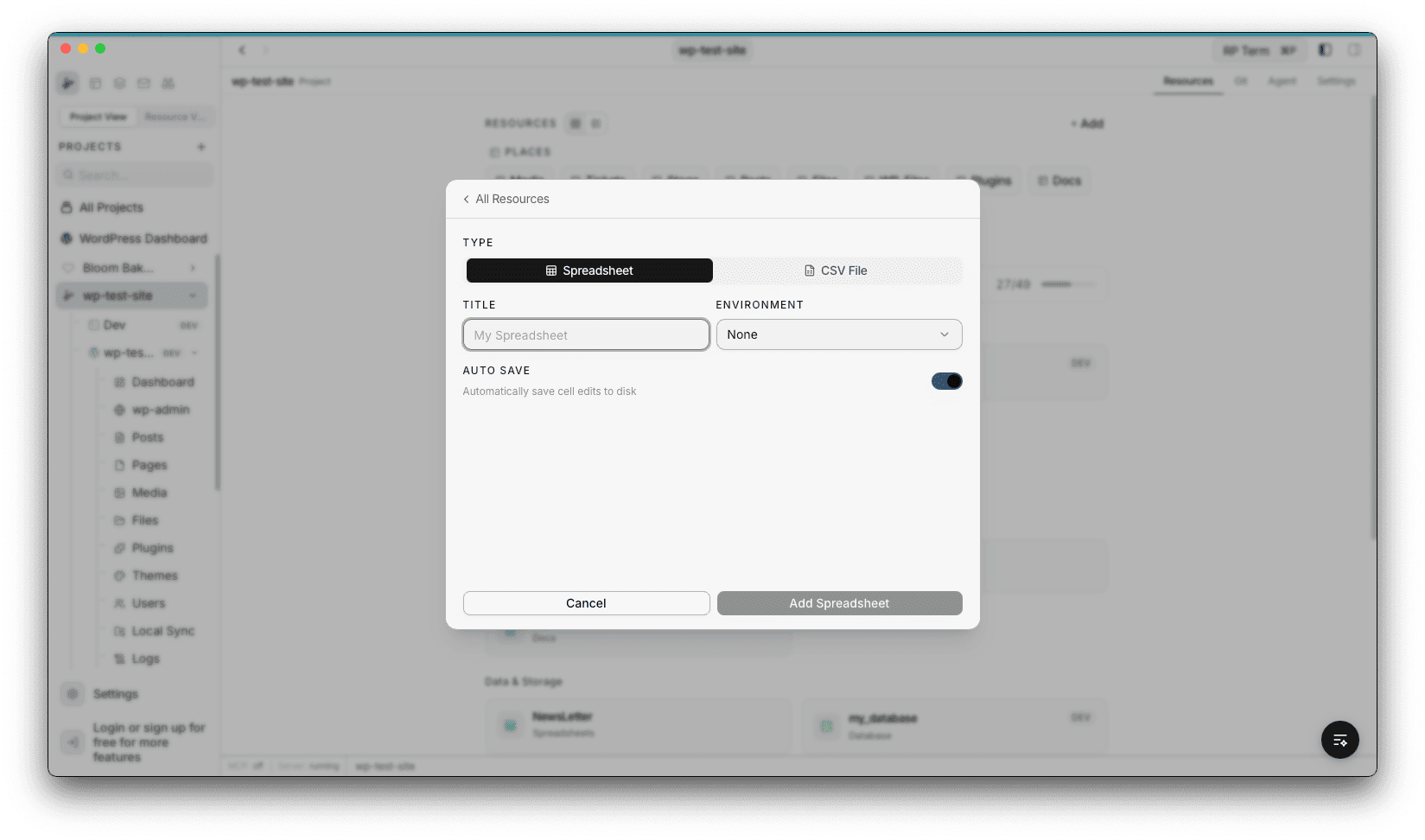 Spreadsheet creation form with type tabs, title, environment, and auto save toggle