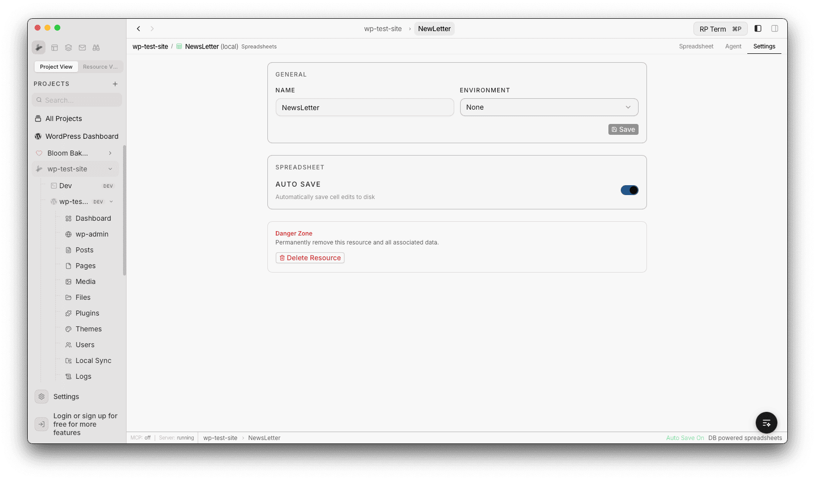 Spreadsheet settings page showing General section with name and environment, Spreadsheet section with Auto Save toggle, and Danger Zone with Delete Applet button