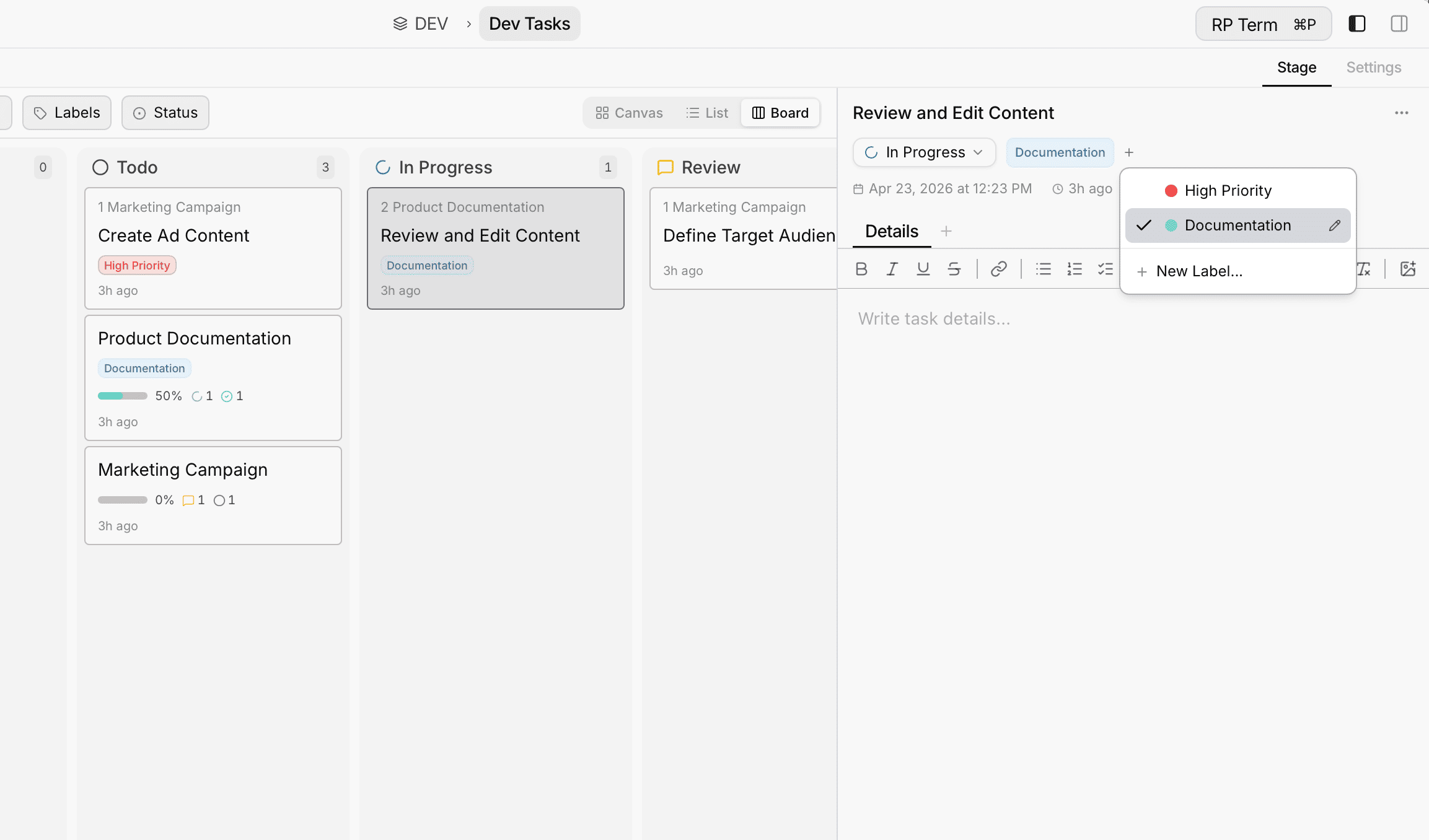 Stage board view with label dropdown showing High Priority and Documentation labels on a task