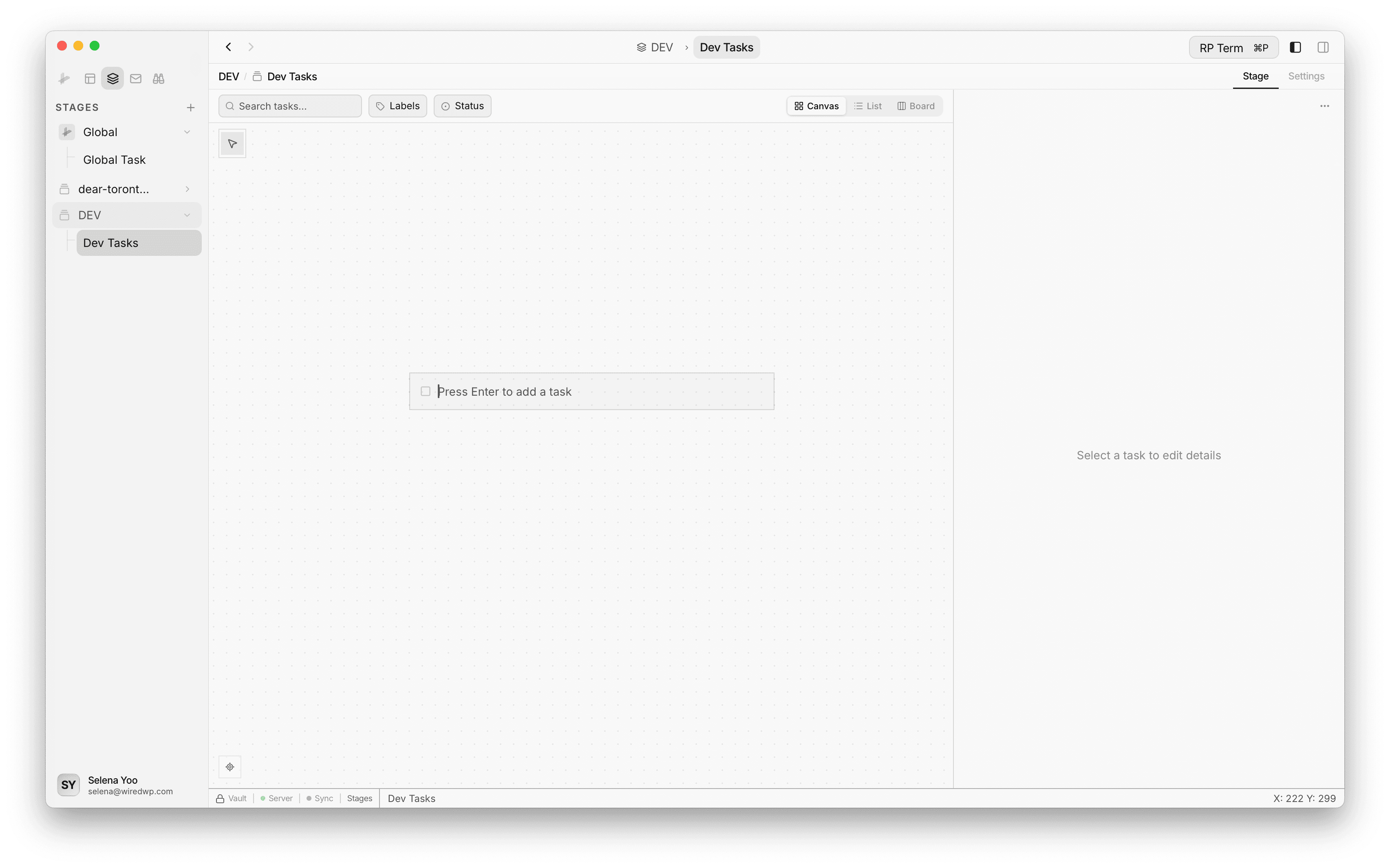 Stage workspace in canvas view showing an empty board with task input field