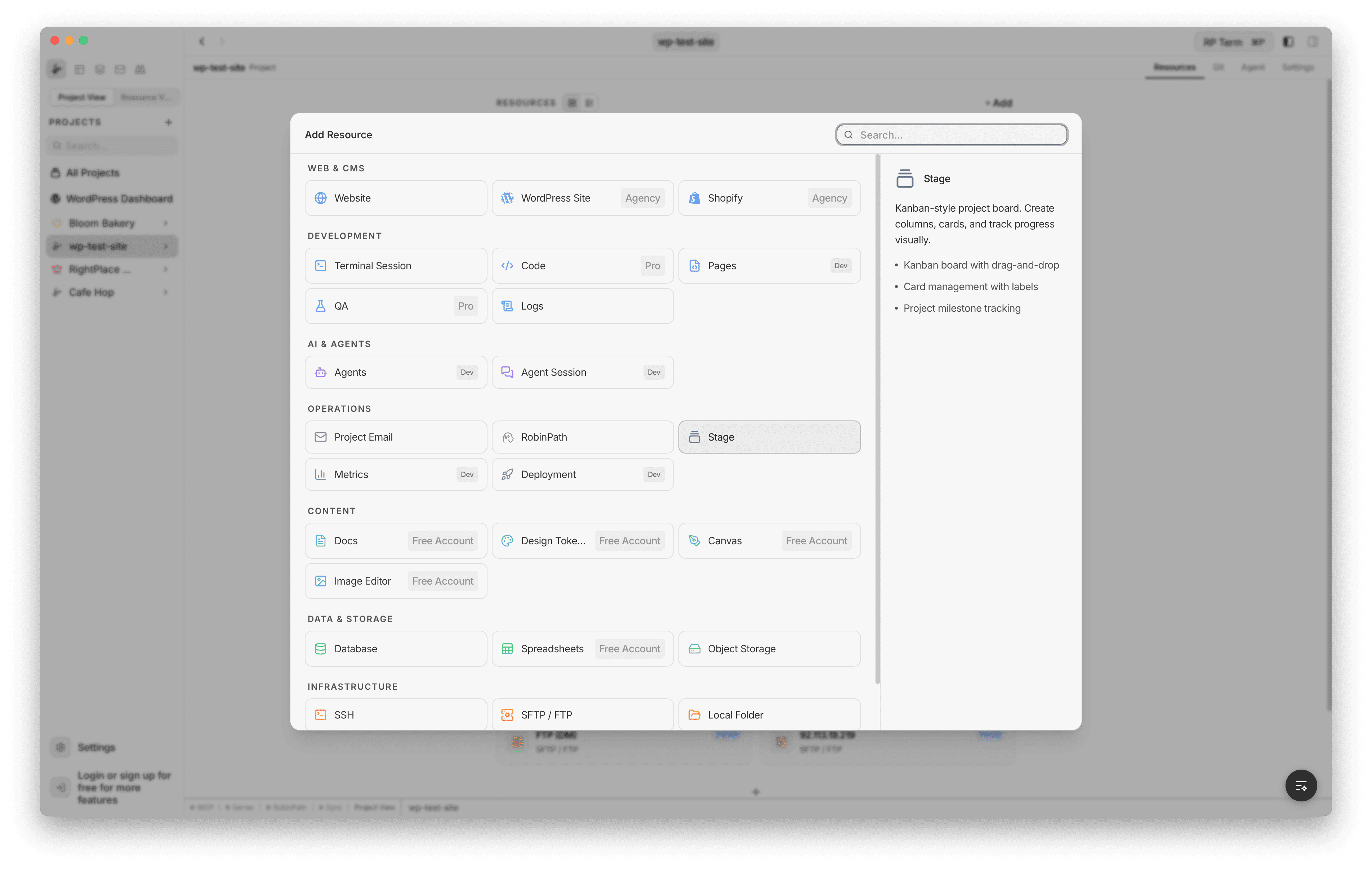 Add Resource dialog showing Stage under the Operations category