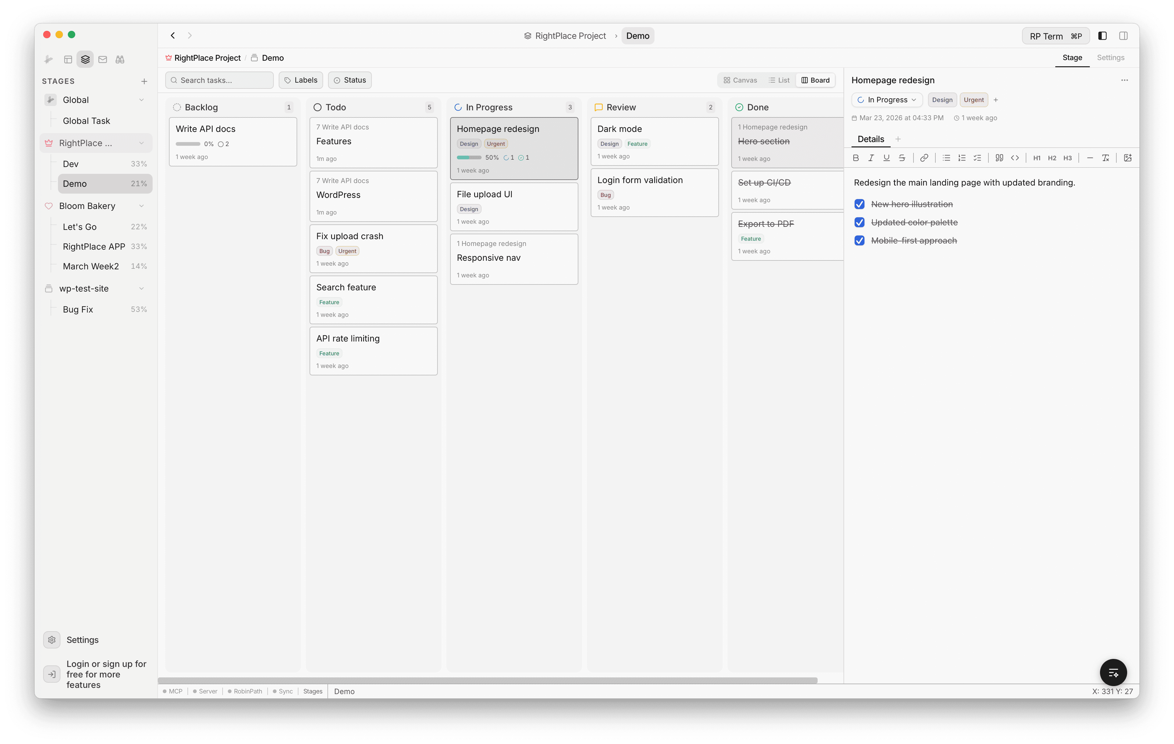 Board view with five status columns showing task cards with labels and progress indicators