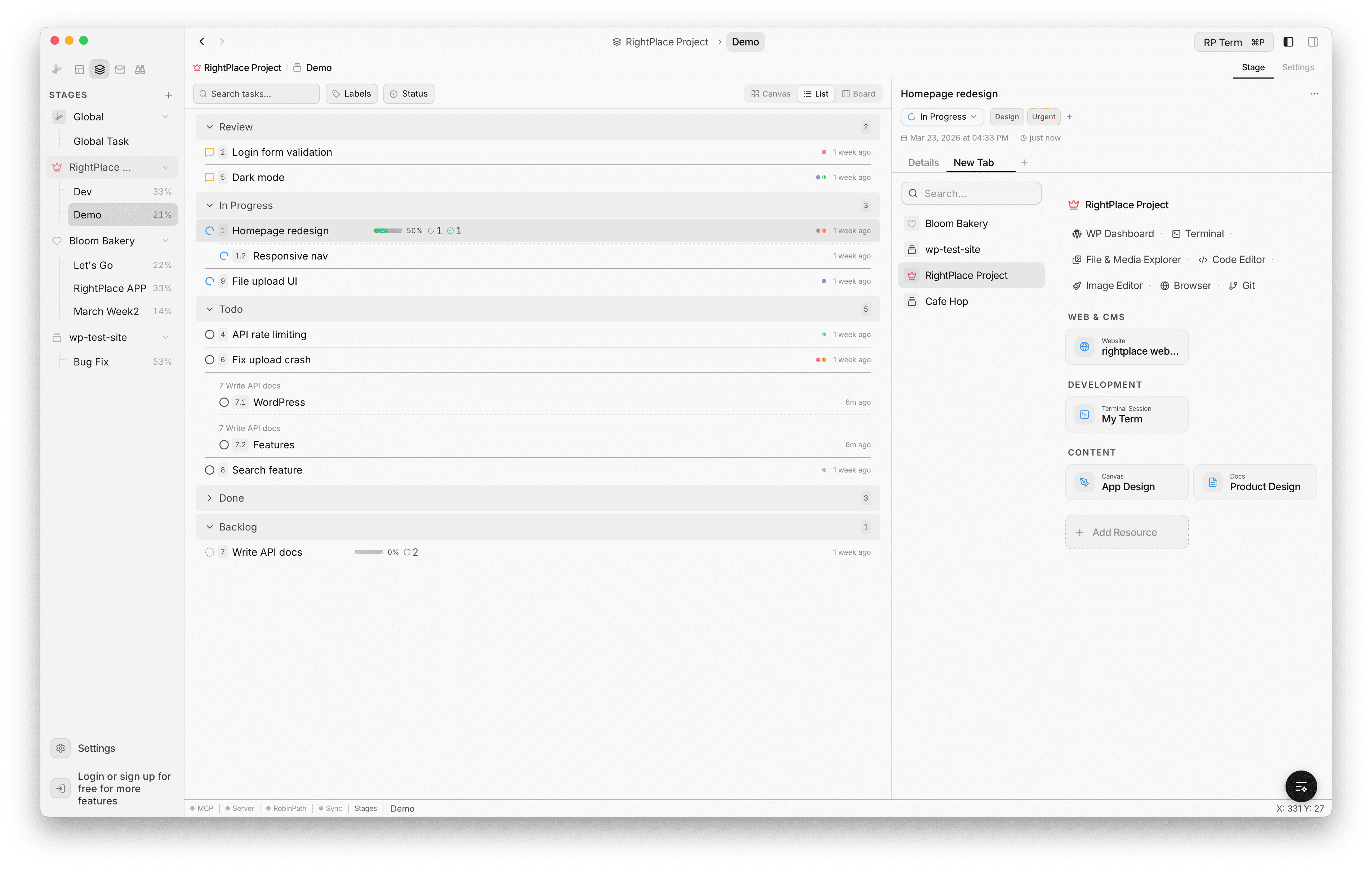 Task editor showing New Tab panel with project resources organized by type - WP Dashboard, Terminal, Files, Code Editor, and more