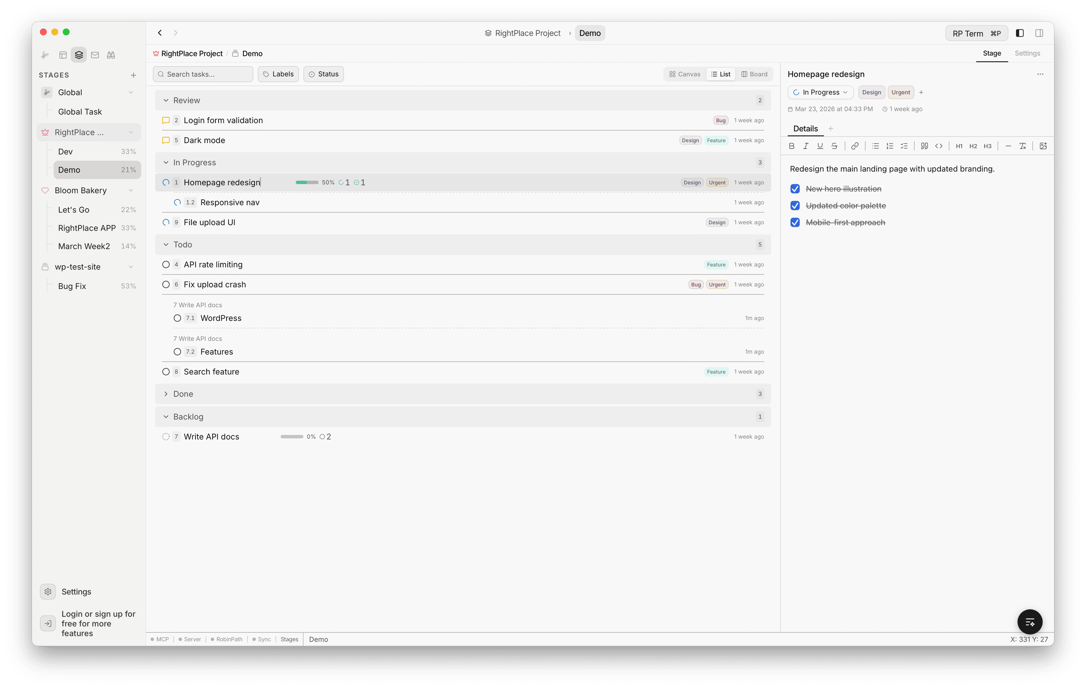 List view showing tasks grouped by status with label badges, progress bars, and subtask counts