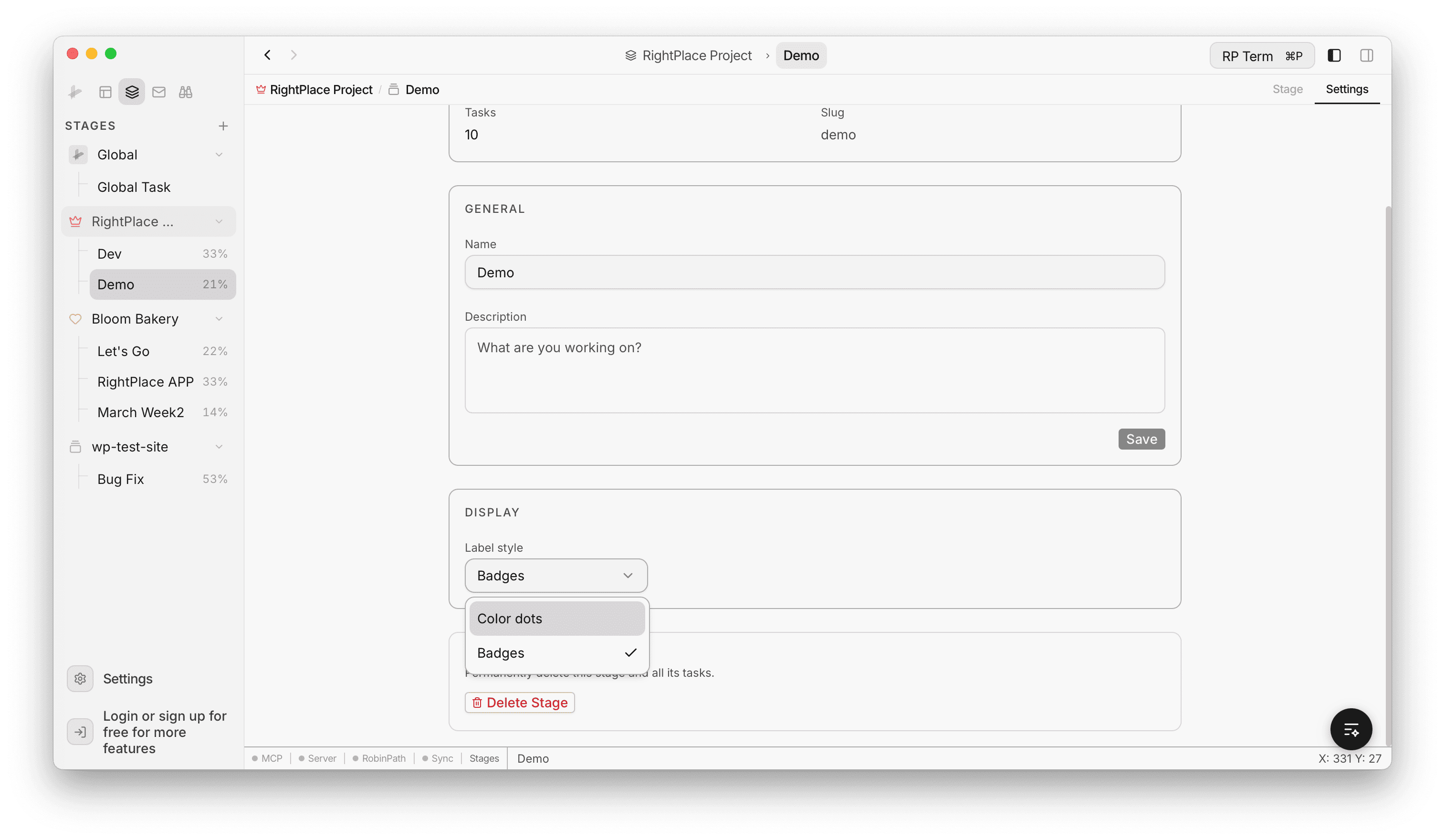 Stage settings showing name, description, label style dropdown with Badges and Color dots options, and Delete Stage button