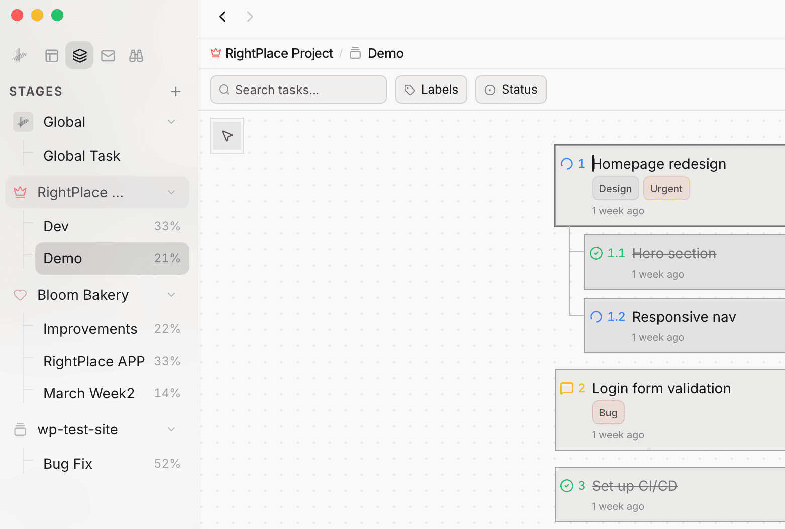 Sidebar showing stages grouped under project names with progress percentages