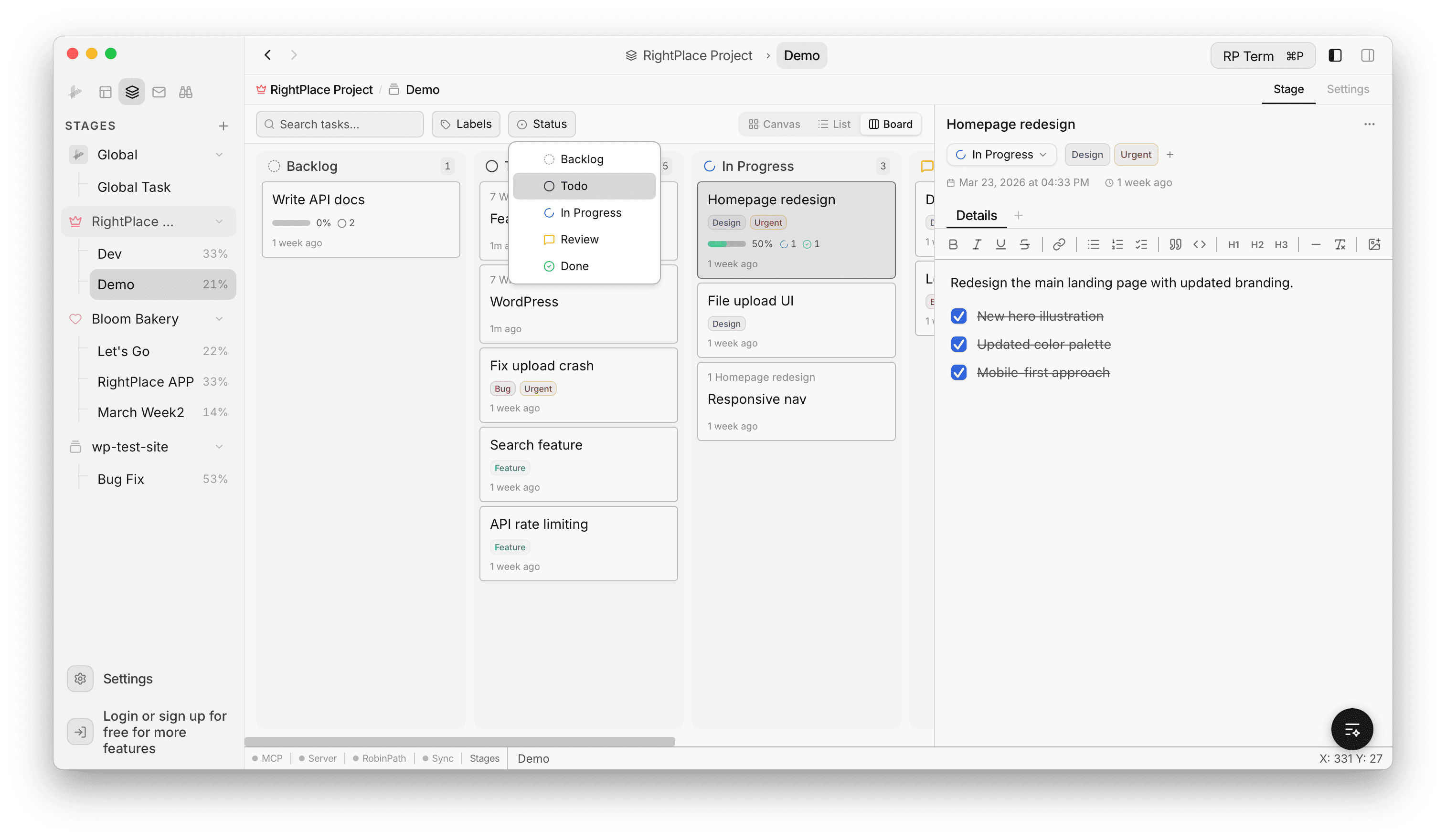 Status filter dropdown with all five status options