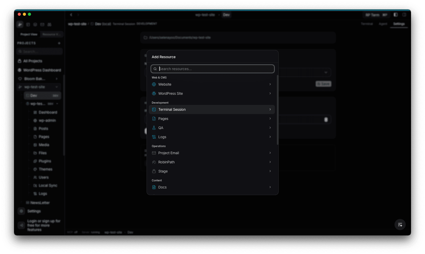 Add Resource dialog showing Terminal Session under the Development category