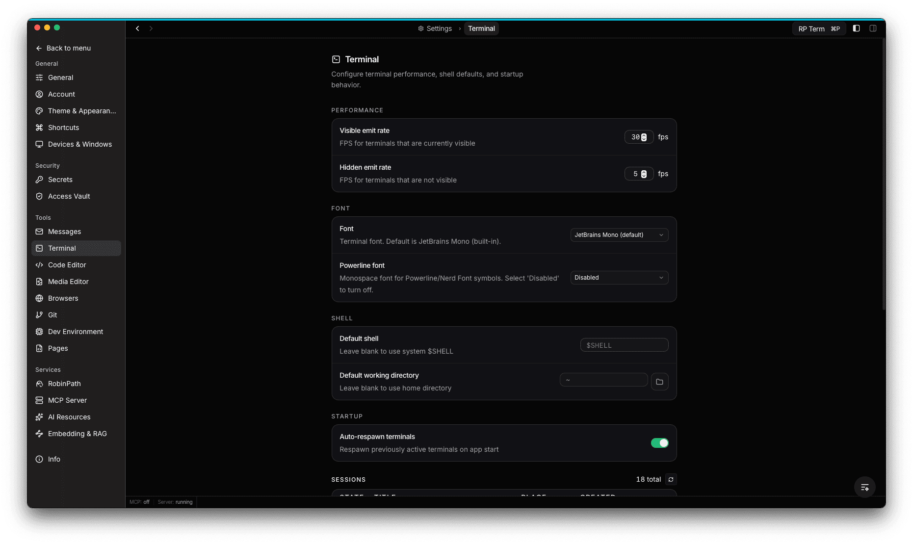 Terminal settings page showing Performance, Font, Shell, and Startup sections