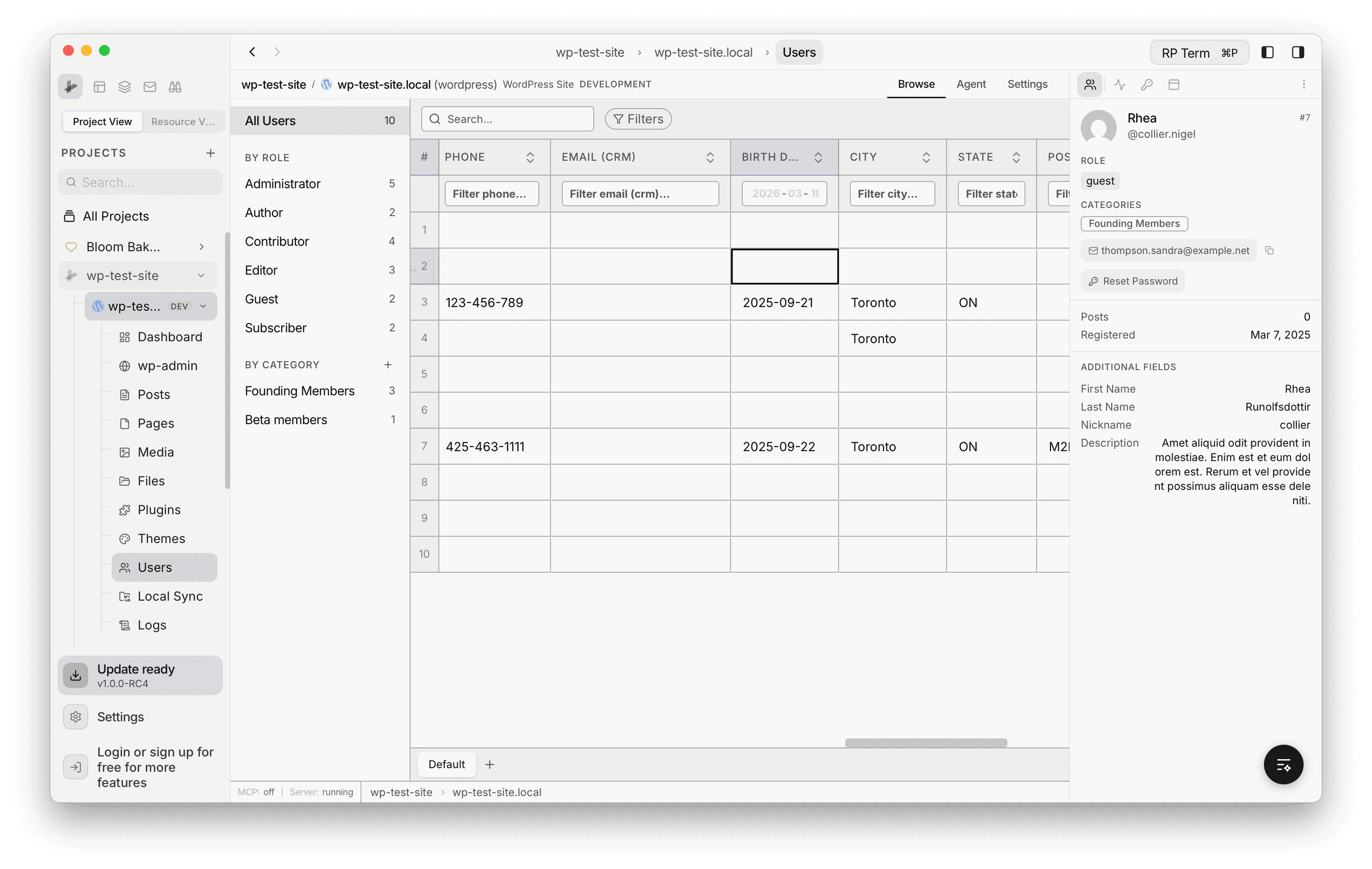 User detail panel showing profile info, role, categories, email, post count, registration date, and additional fields