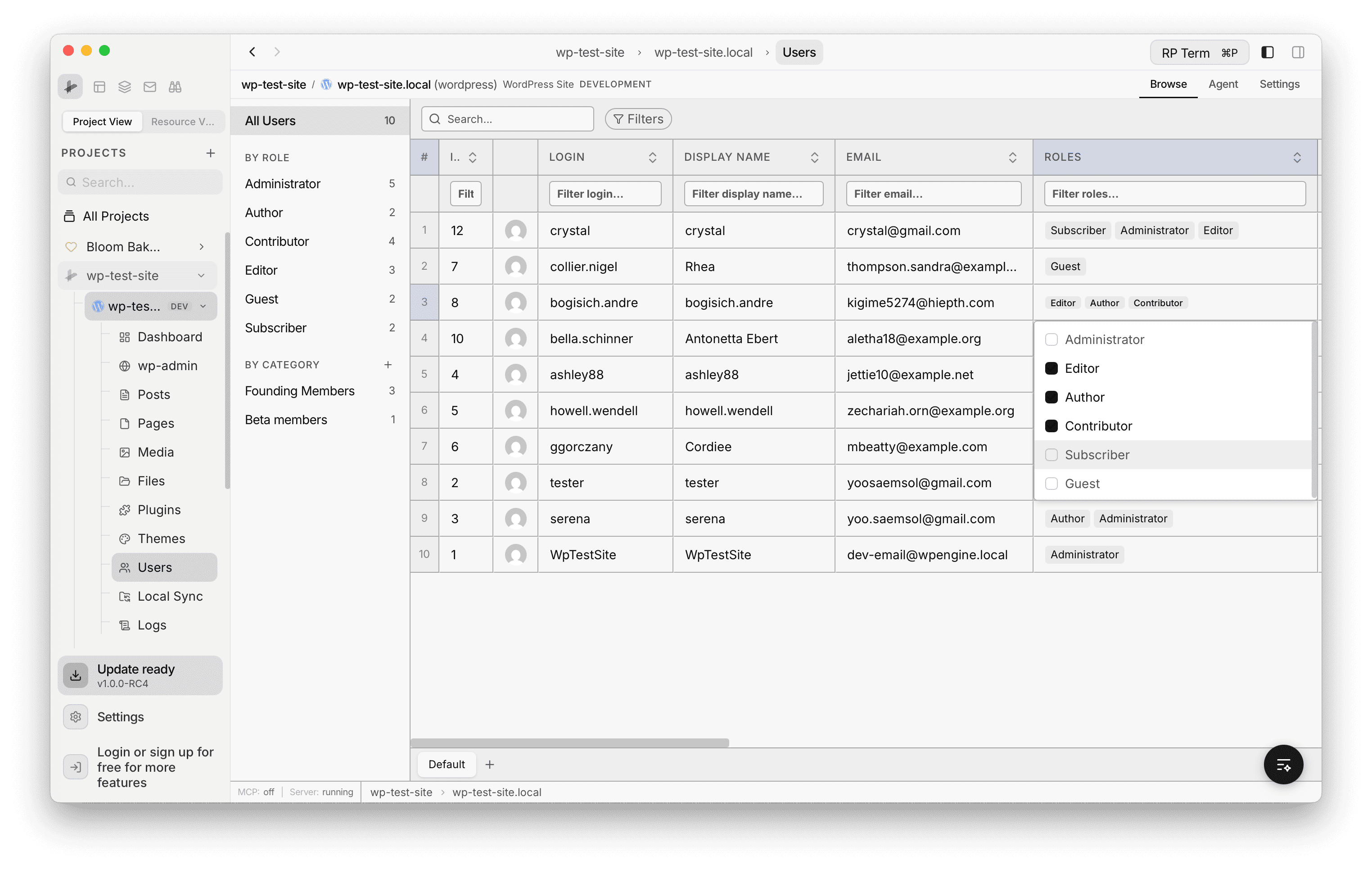 Inline editing a user's roles with a checkbox dropdown showing Administrator, Editor, Author, Contributor, Subscriber, and Guest options