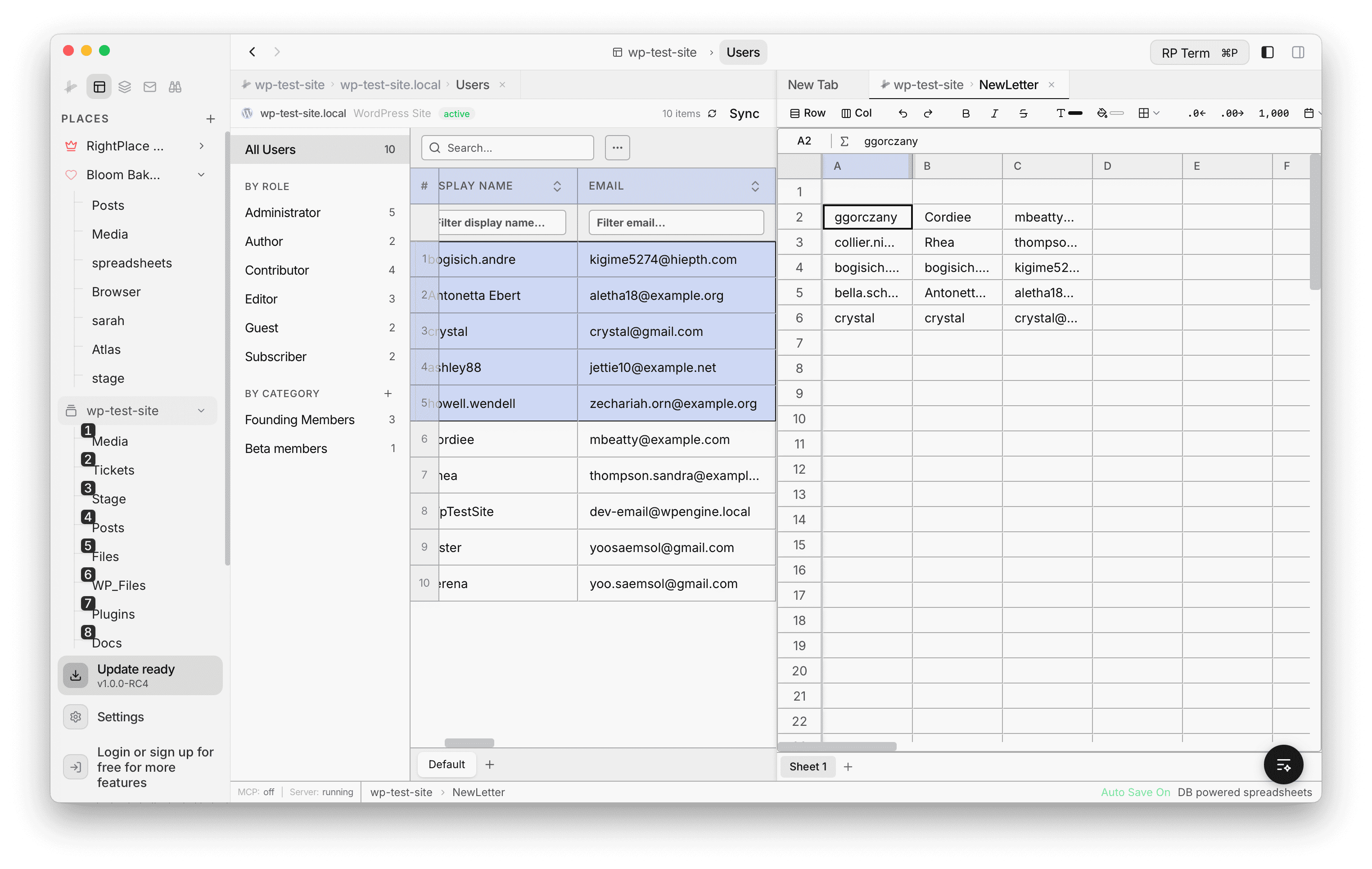 Users table on the left with user data pasted into a spreadsheet on the right