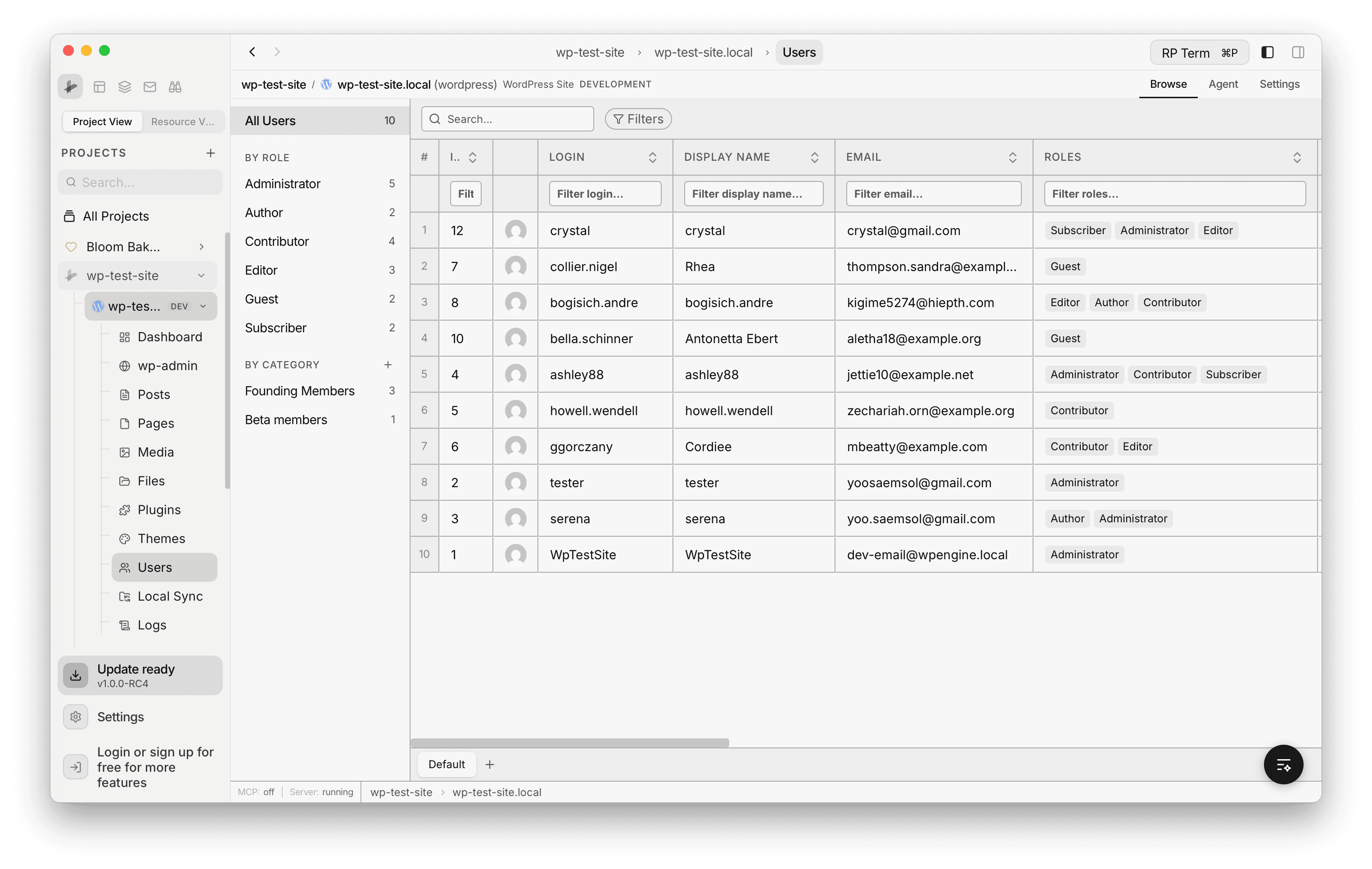 Users table showing login, display name, email, and roles columns with role and category filters in the sidebar