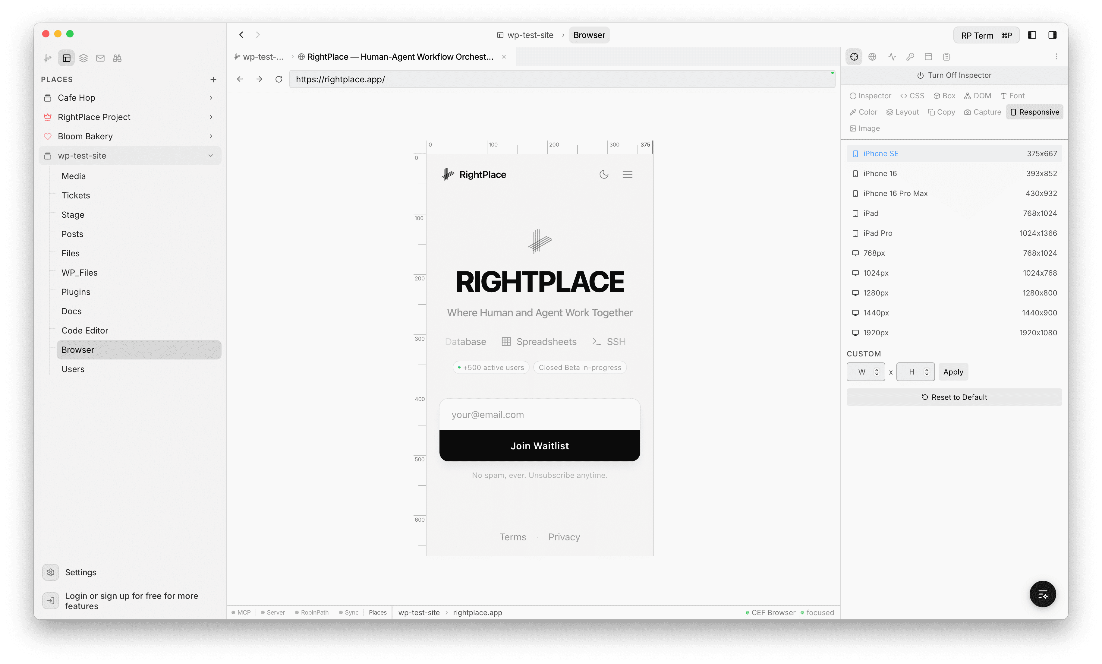 Browser Inspector in Responsive mode showing device presets and a mobile viewport preview