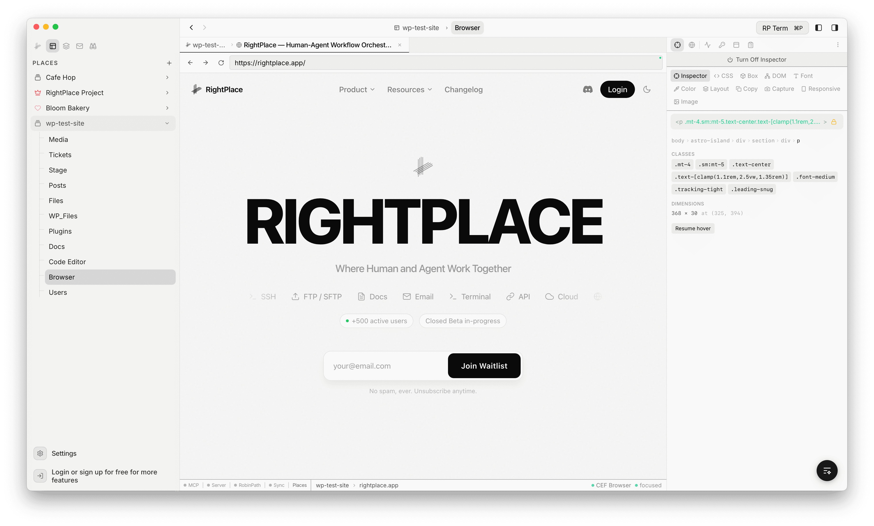 Browser Inspector panel showing the inspection toolbar with 11 tool icons and the active tool's output below