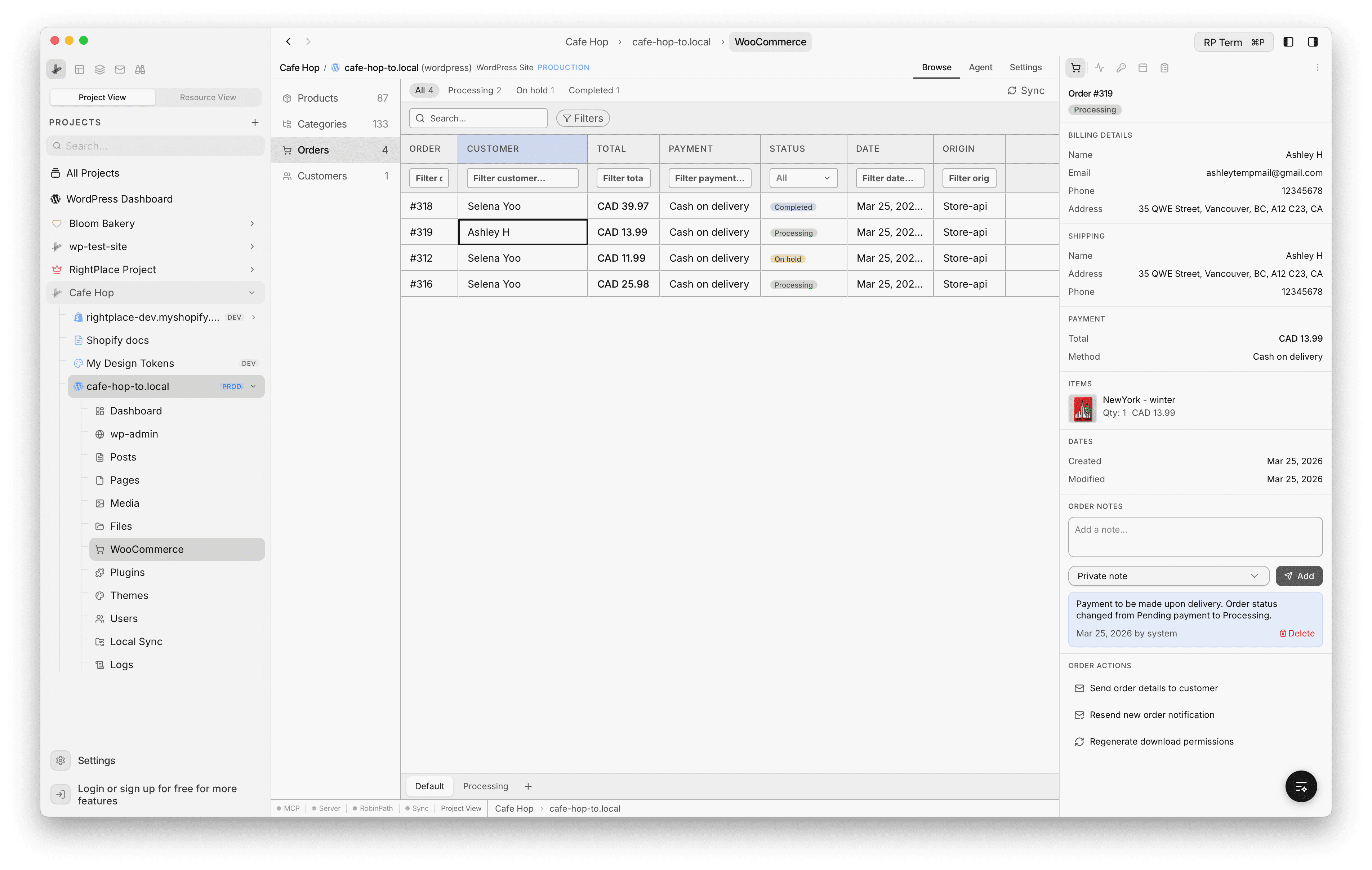 WooCommerce panel in order mode showing order ID, status, customer info, line items, and order notes