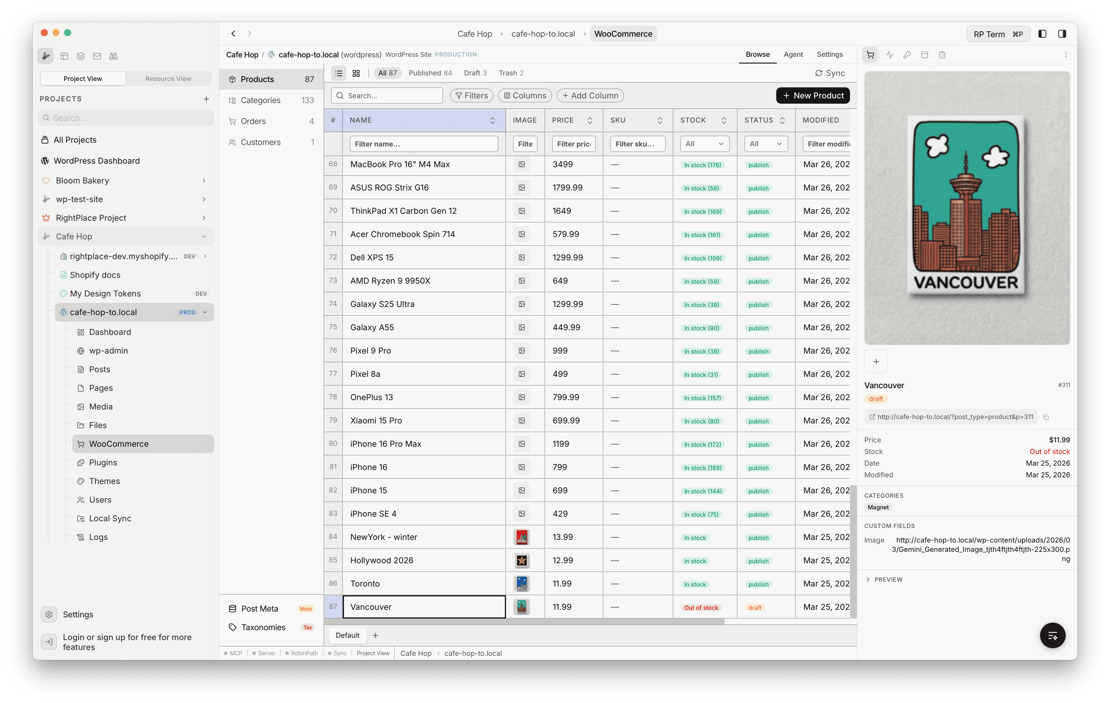 WooCommerce panel in product mode showing product title, thumbnail, SKU, price, stock status, and categories
