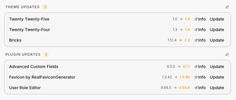 Available Updates showing theme and plugin updates with version info and count badges