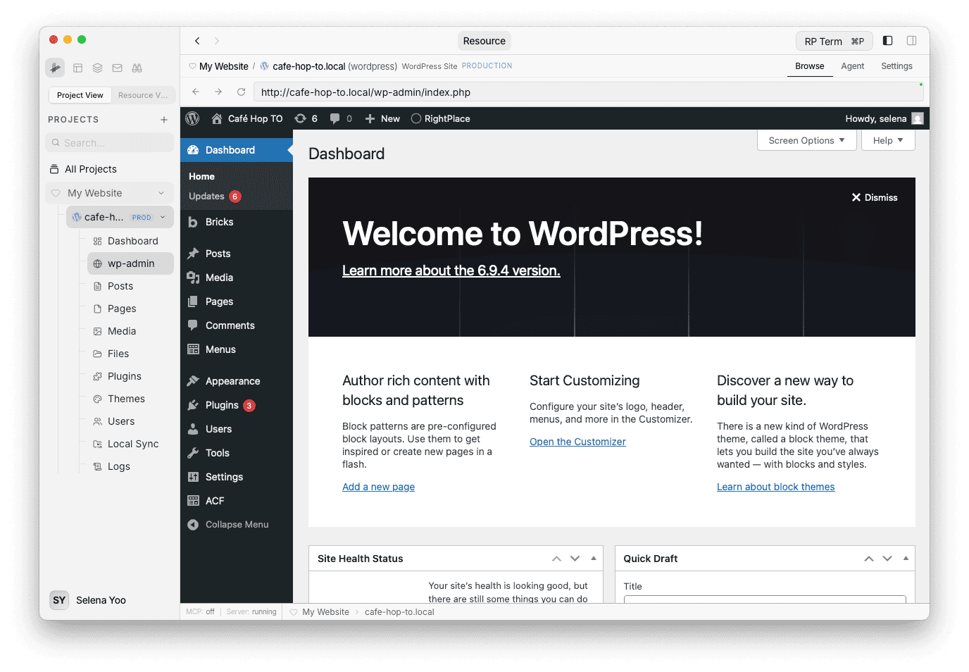 wp-admin panel embedded in RightPlace with the WordPress dashboard visible