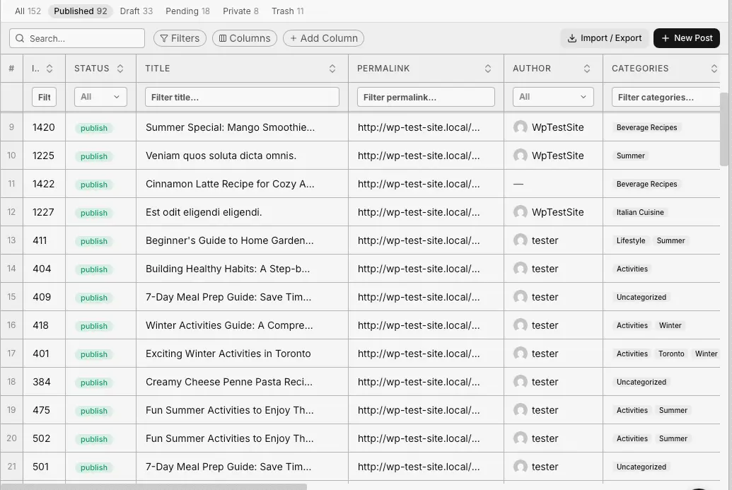 Edit posts in a spreadsheet table